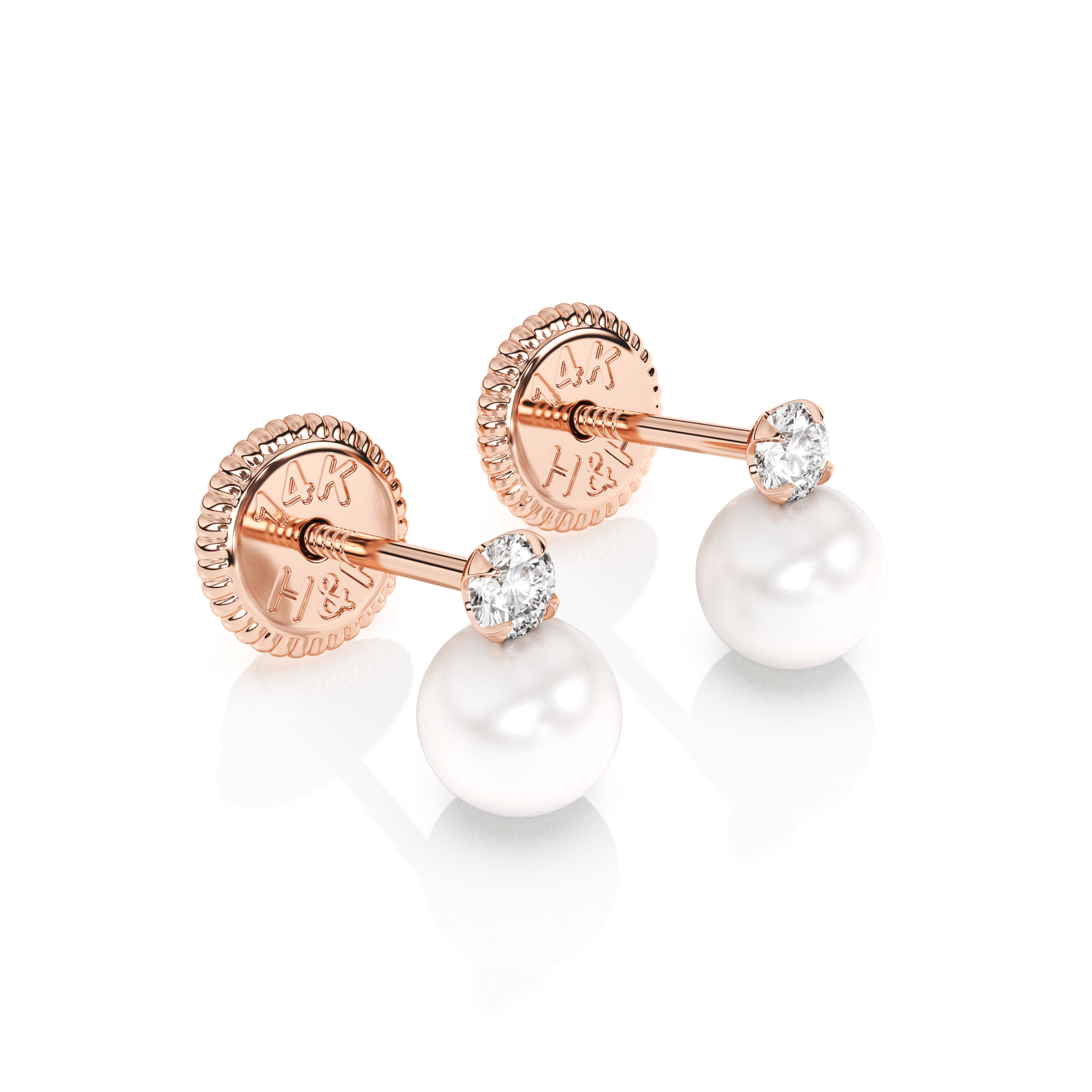 3mm Pearl Drop Clear CZ Stud Earrings - Solid 14K Rose Gold, Screw Back, for Babies & Children