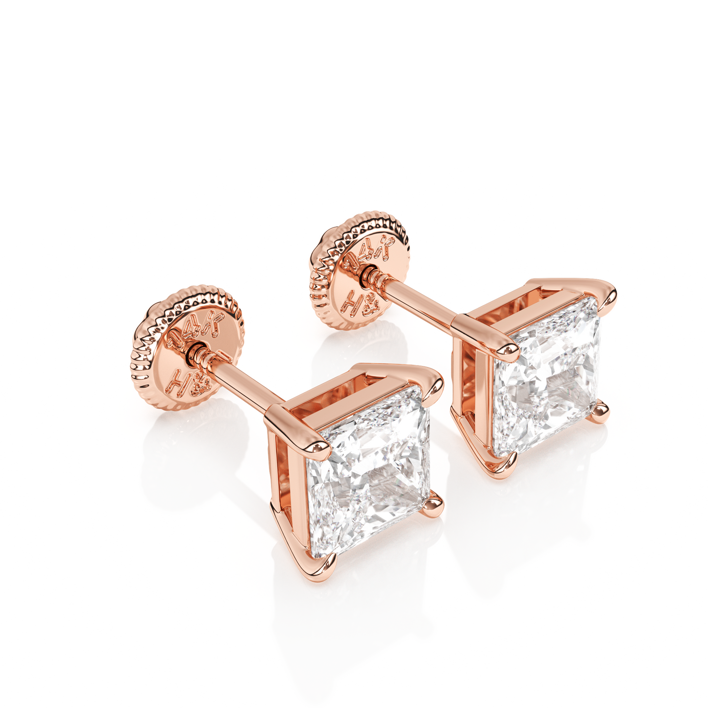 4mm Clear Princess Cut CZ, Stud Earrings - Solid 14K Rose Gold, Screw Back, for Babies & Children