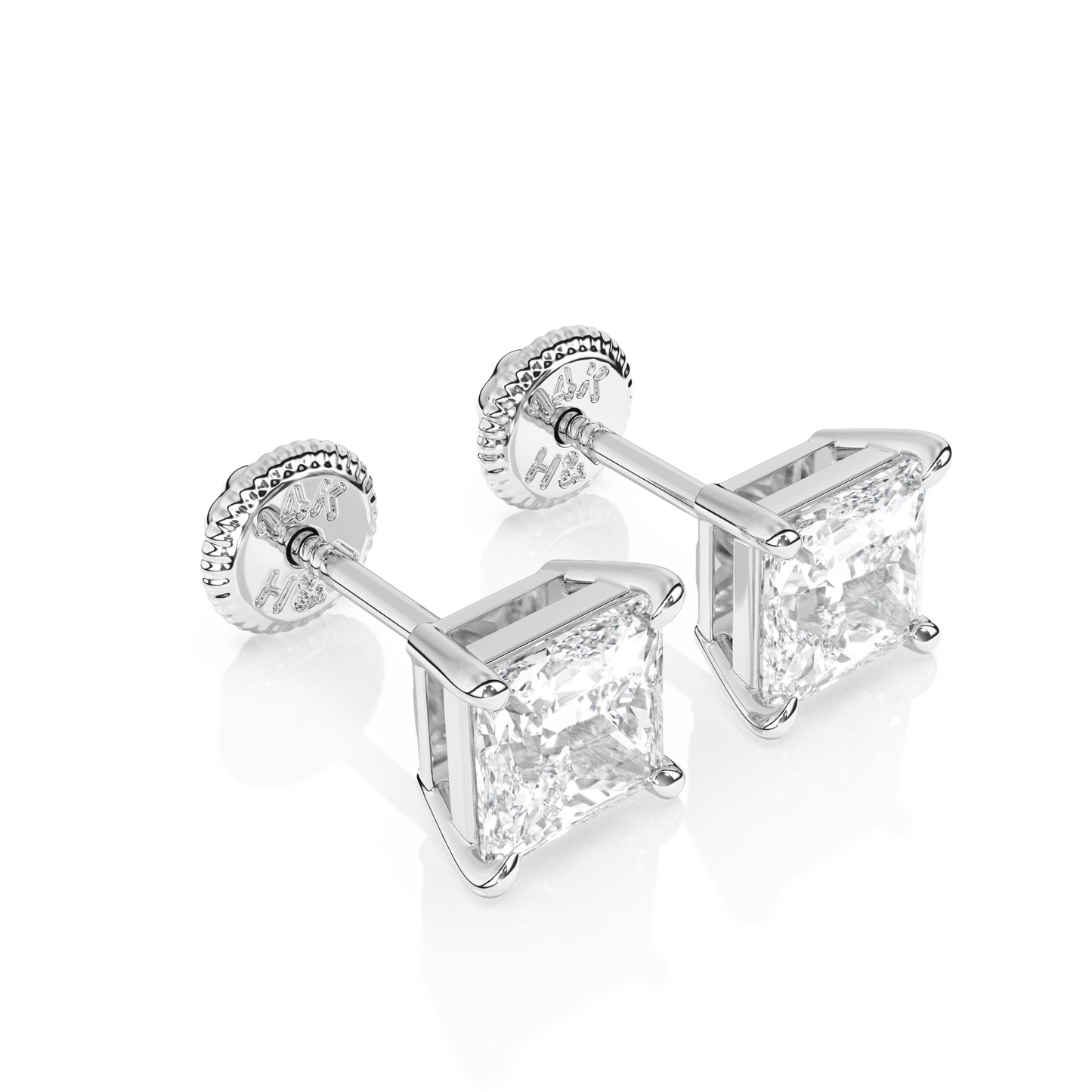 4mm Clear Princess Cut CZ, Stud Earrings - Solid 14K White Gold, Screw Back, for Babies & Children