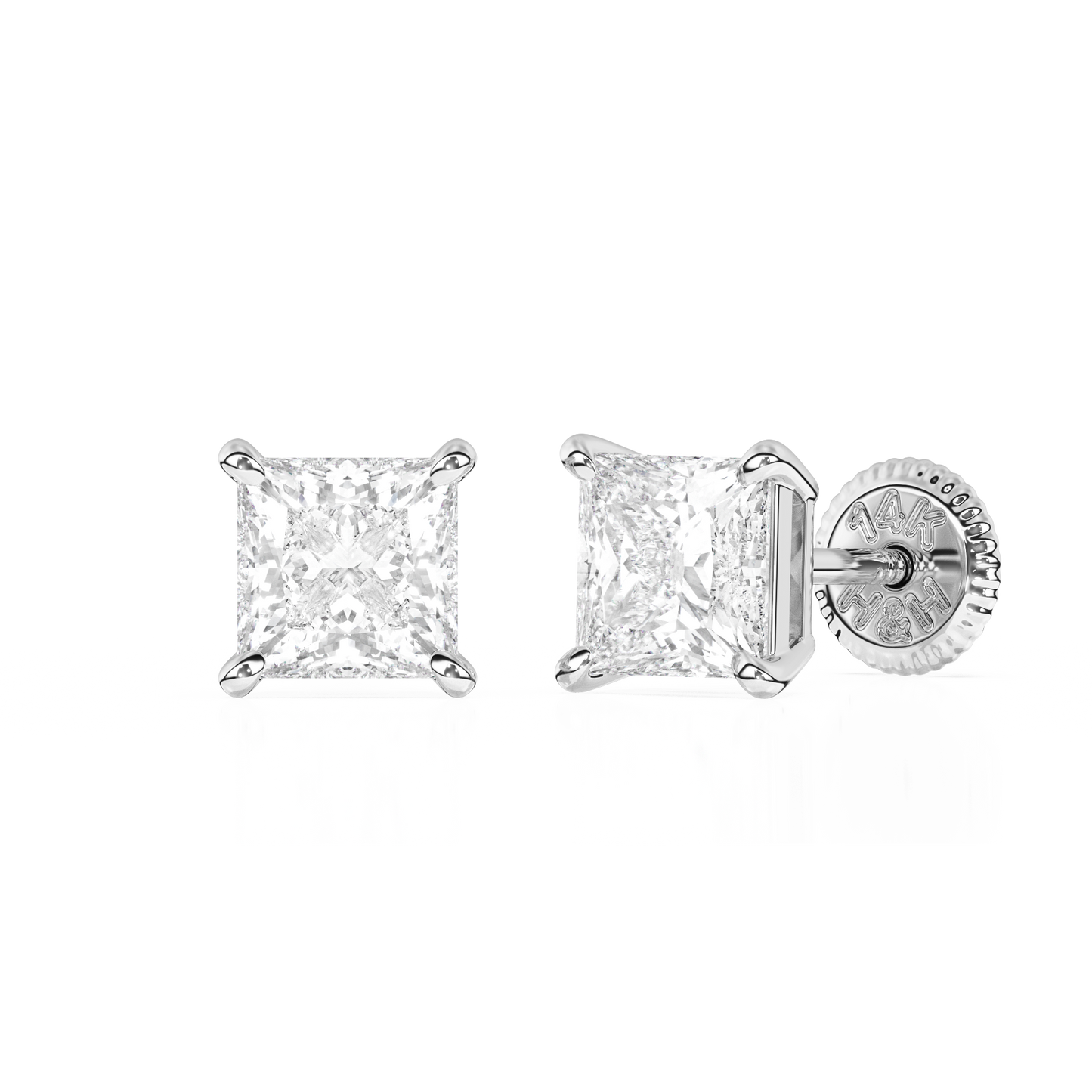 4mm Clear Princess Cut CZ, Stud Earrings - Solid 14K White Gold, Screw Back, for Babies & Children