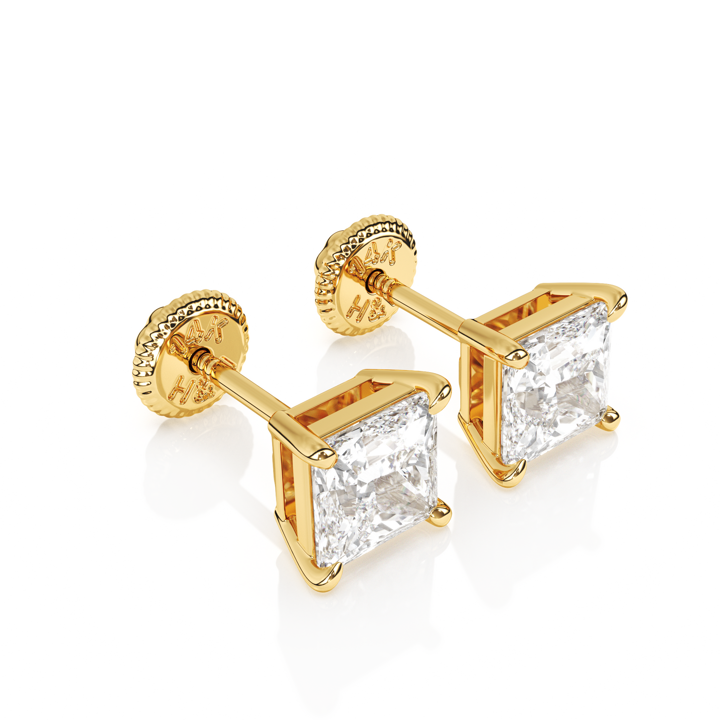 4mm Clear Princess Cut CZ, Stud Earrings - Solid 14K Gold, Screw Back, for Babies & Children