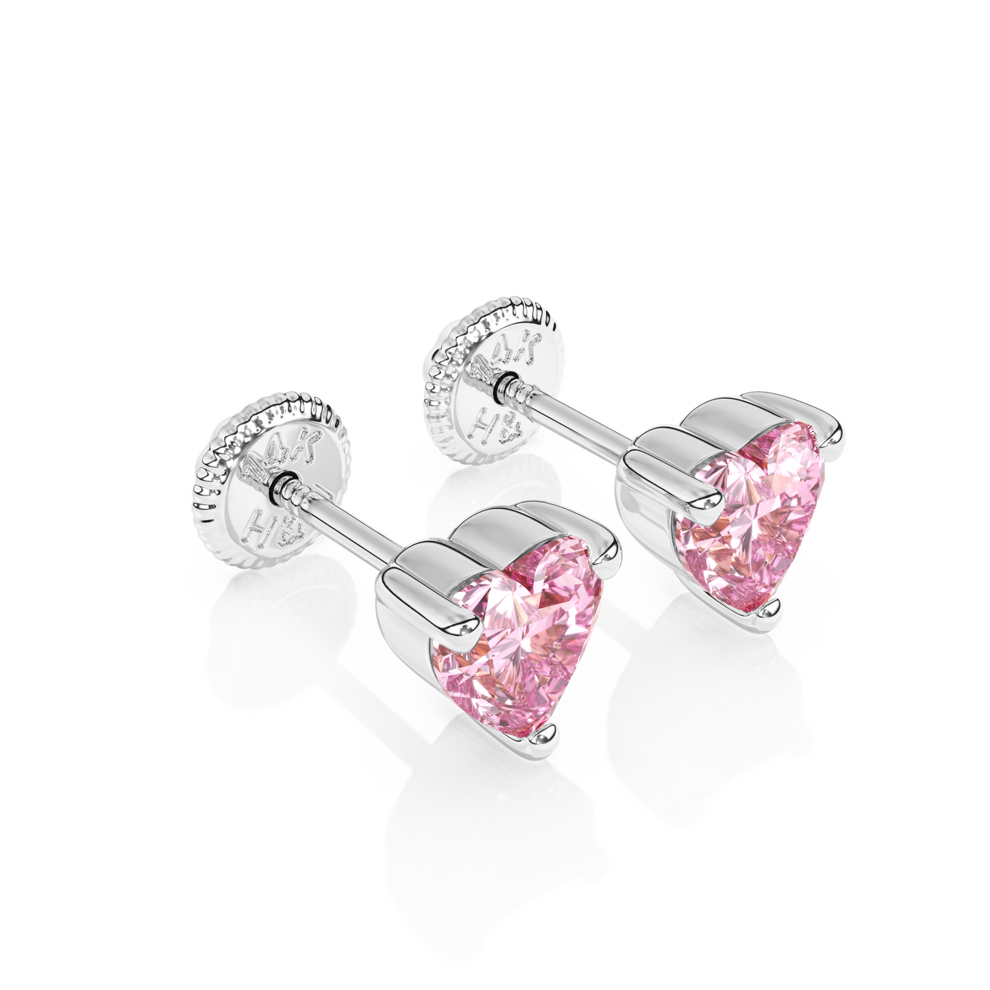 4mm Pink Heart CZ Stud Earrings - Solid 14K White Gold, Screw Back, for Babies & Children