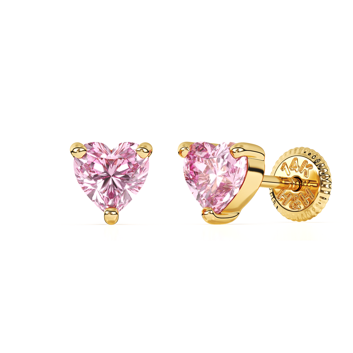 4mm Pink Heart CZ Stud Earrings - Solid 14K Gold, Screw Back, for Babies & Children