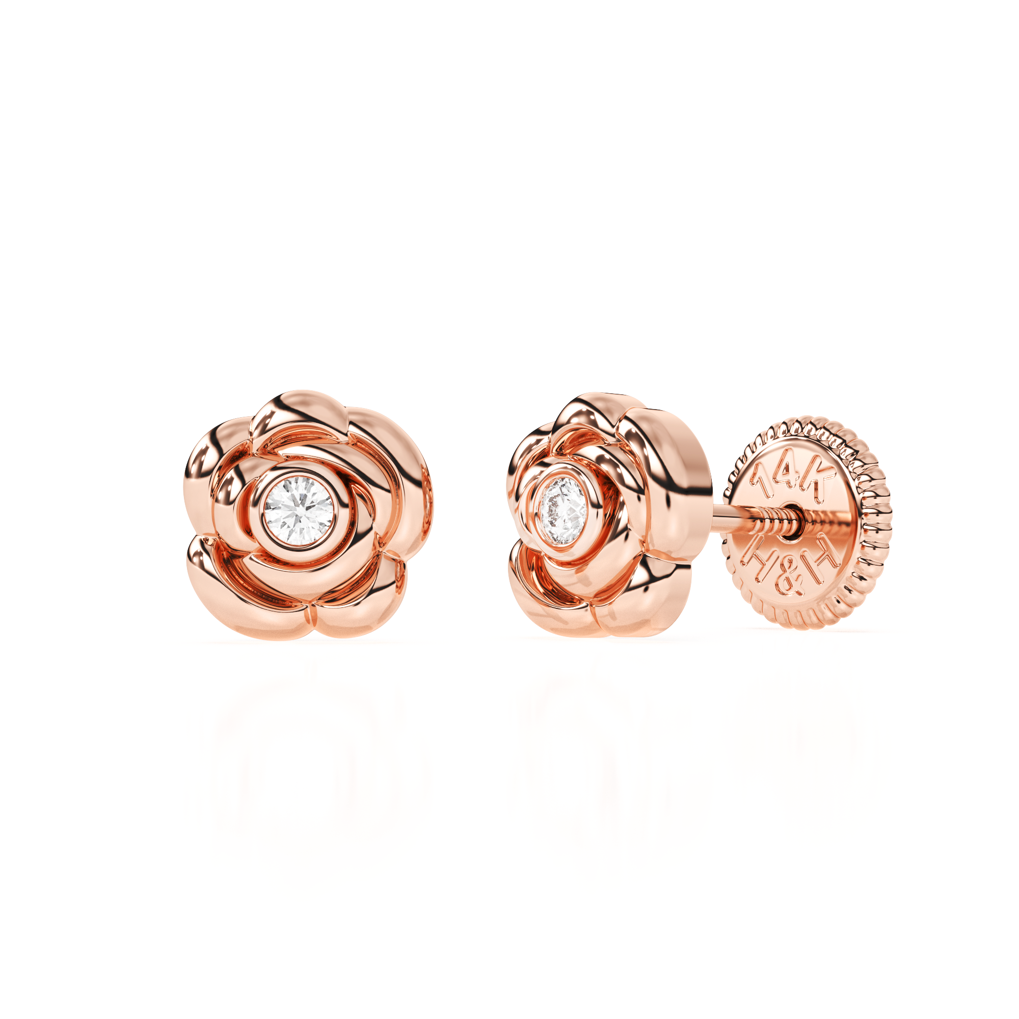 Blooming Rose, Clear CZ Stud Earrings - Solid 14K Rose Gold, Screw Back, for Babies & Children