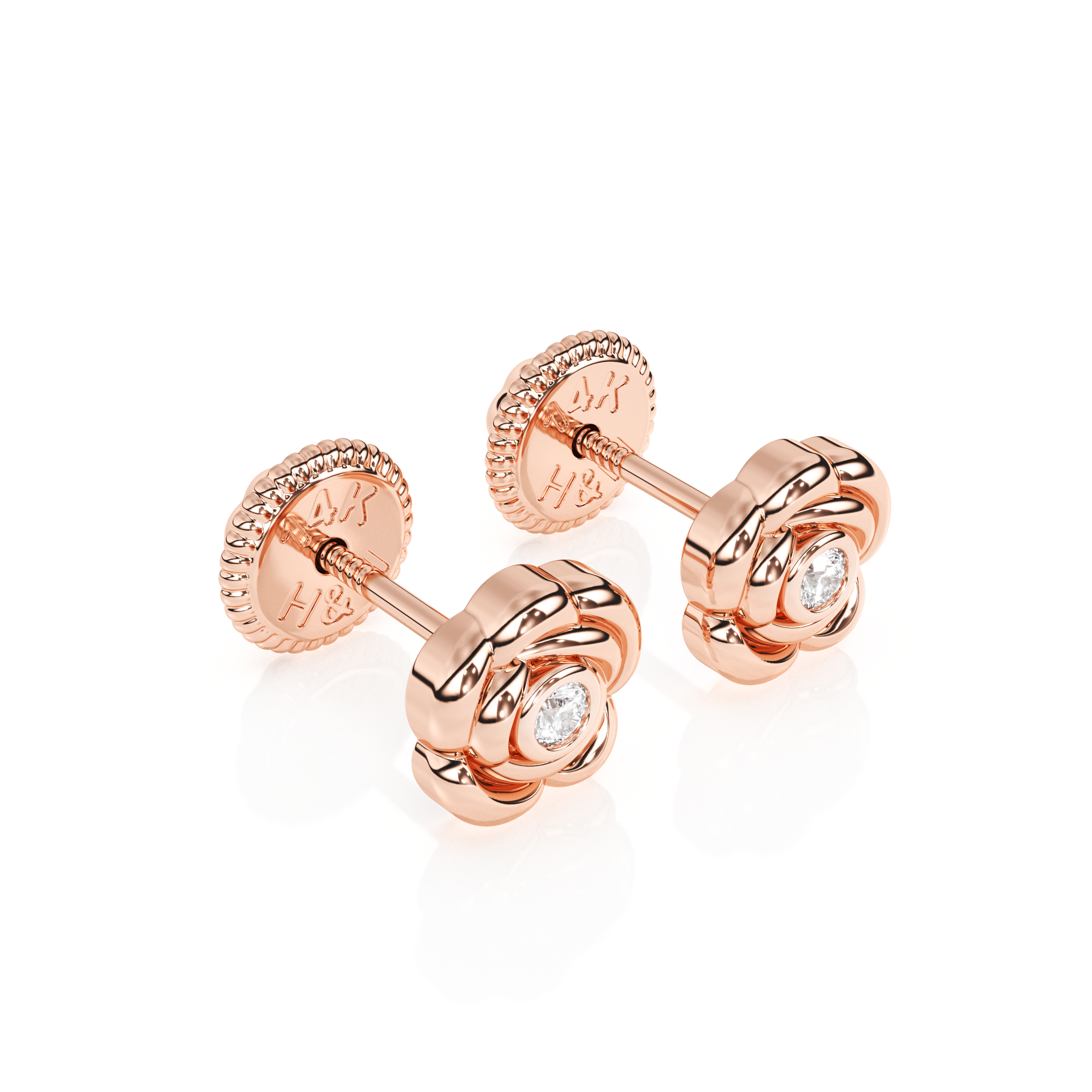 Blooming Rose, Clear CZ Stud Earrings - Solid 14K Rose Gold, Screw Back, for Babies & Children