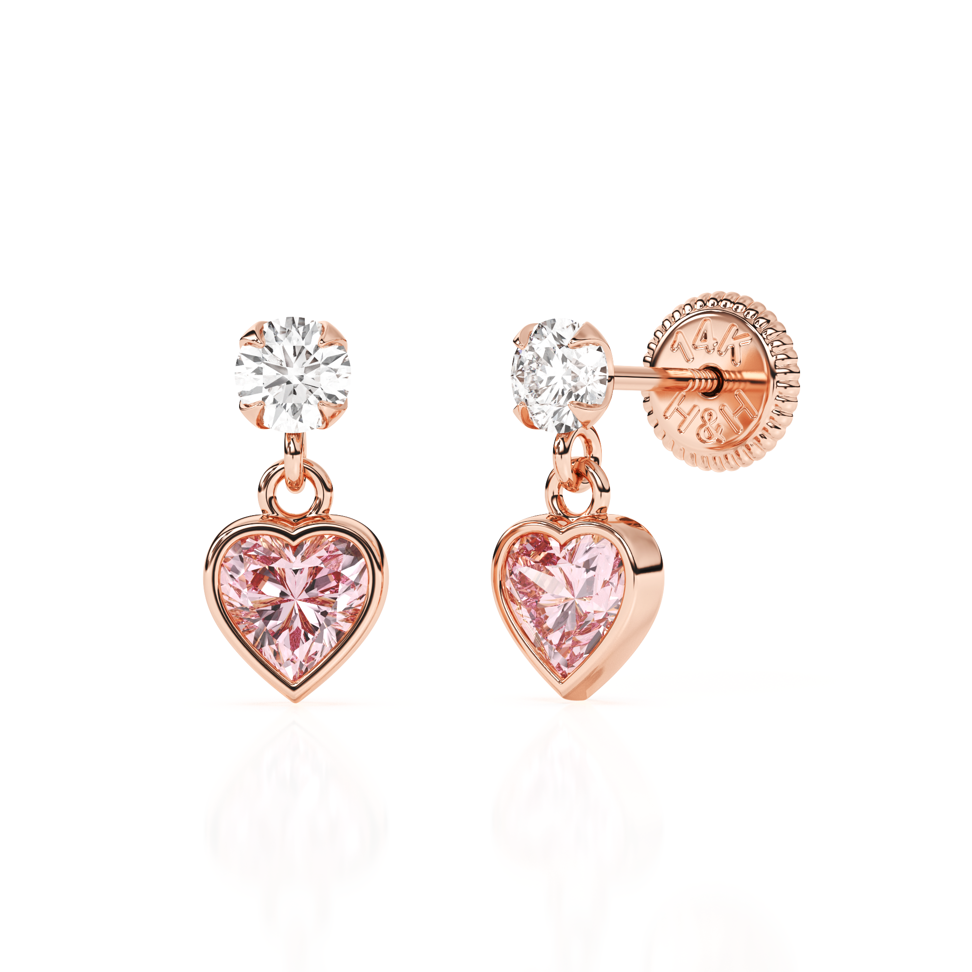 Daring Heart, Pink/Clear Heart CZ Dangle Earrings - Solid 14K Rose Gold, Screw Back, for Babies & Children