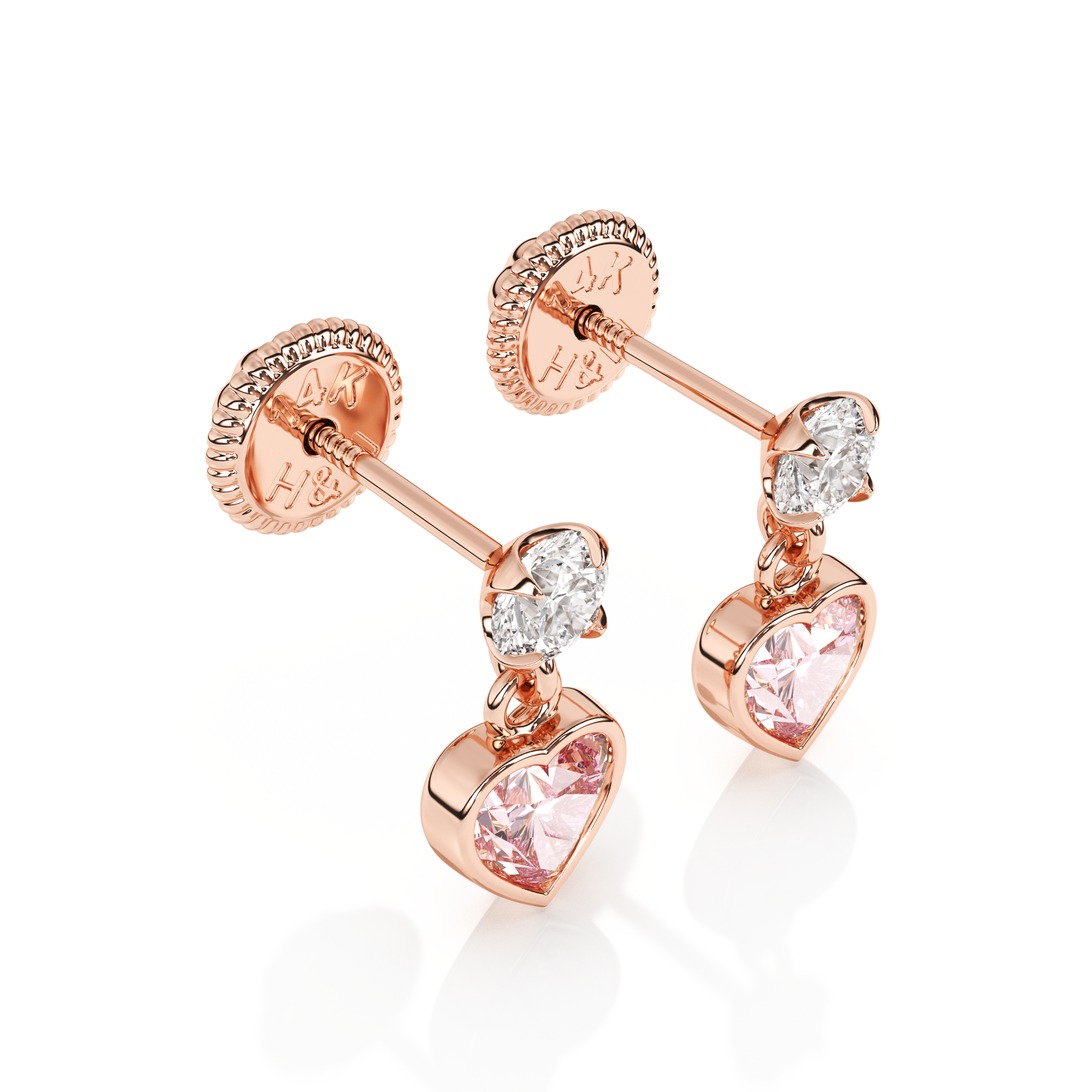 Daring Heart, Pink/Clear Heart CZ Dangle Earrings - Solid 14K Rose Gold, Screw Back, for Babies & Children