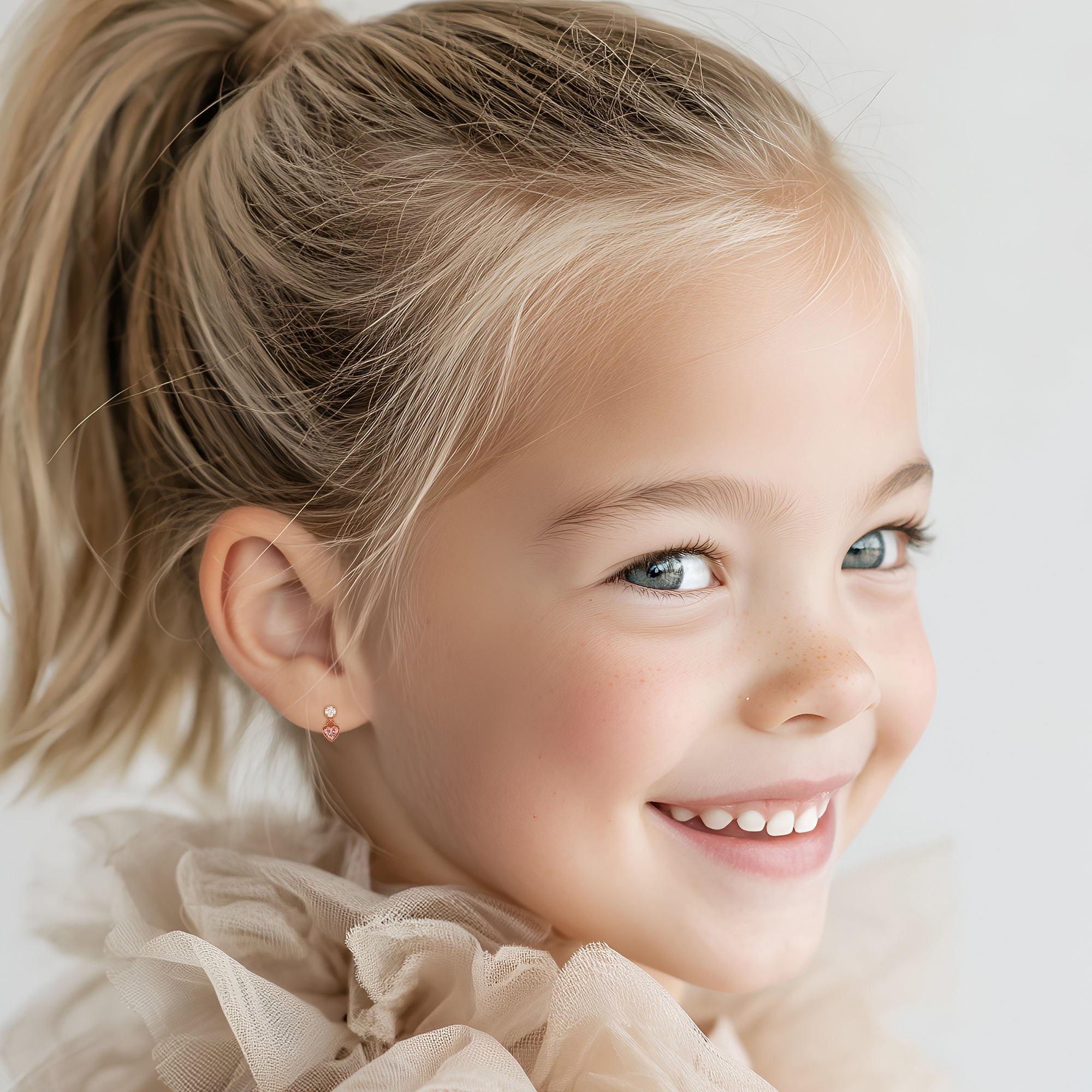 Daring Heart, Pink/Clear Heart CZ Dangle Earrings - Solid 14K Rose Gold, Screw Back, for Babies & Children