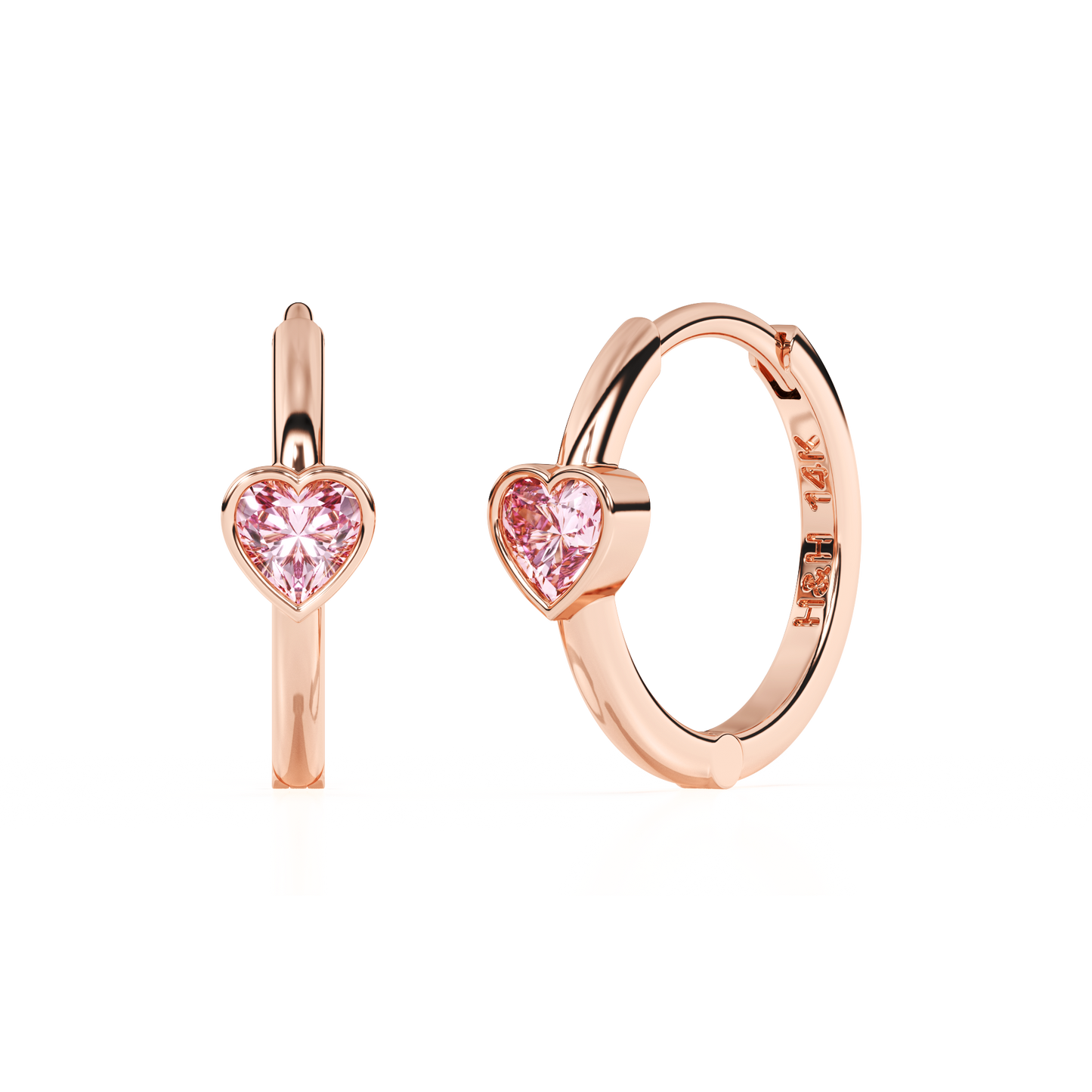 Endless Love, Pink Heart CZ, Huggie Hoop Earrings - Solid 14K Rose Gold, Huggie Hoop, for Babies & Children