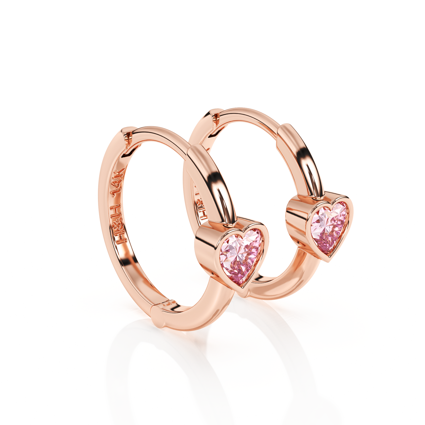 Endless Love, Pink Heart CZ, Huggie Hoop Earrings - Solid 14K Rose Gold, Huggie Hoop, for Babies & Children