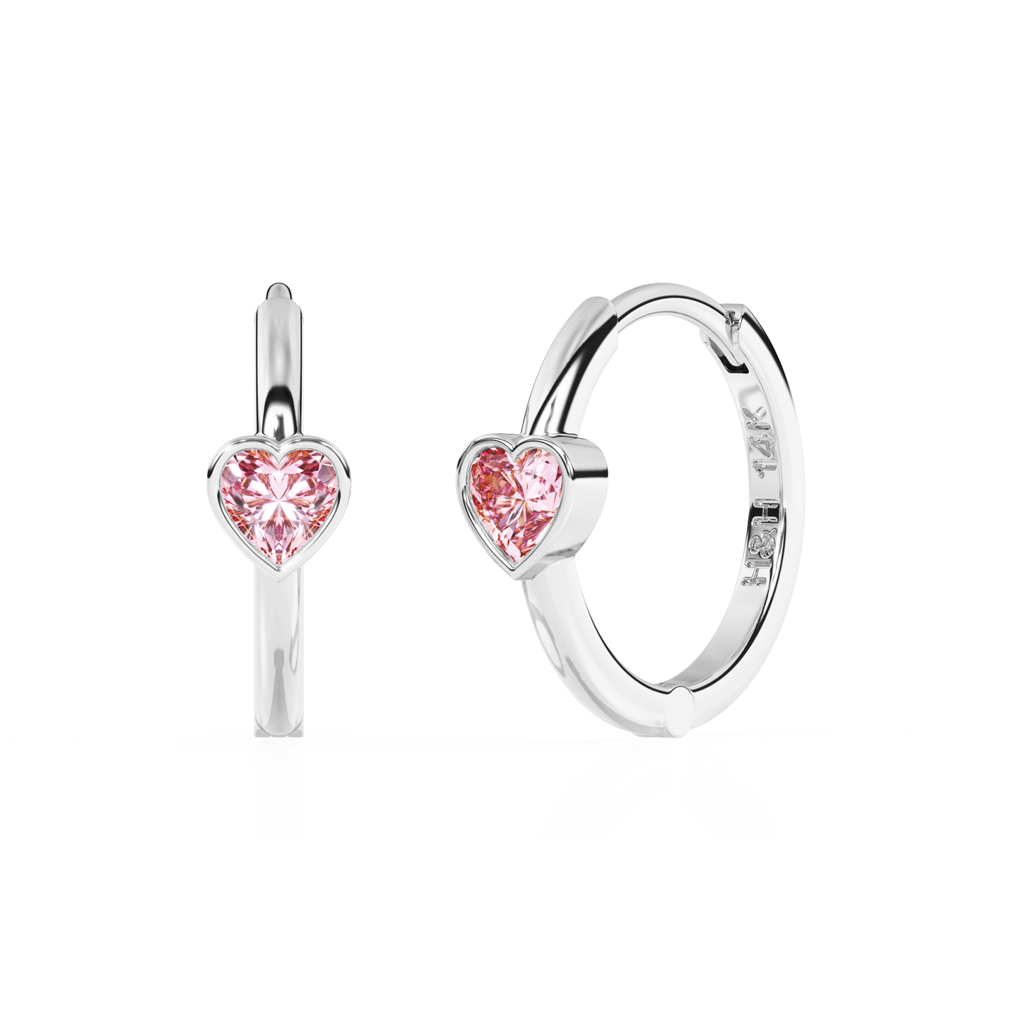 Endless Love, Pink Heart CZ, Huggie Hoop Earrings - Solid 14K White Gold, Huggie Hoop, for Babies & Children