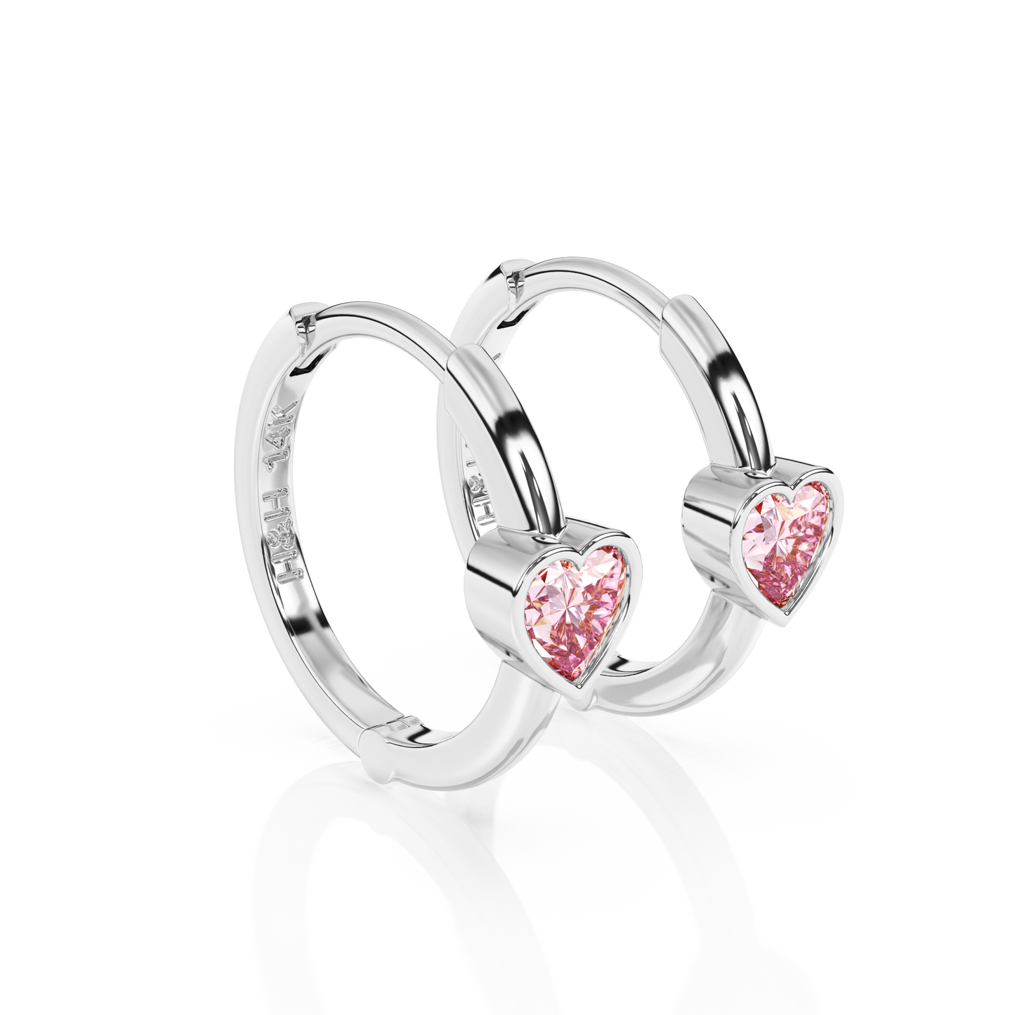 Endless Love, Pink Heart CZ, Huggie Hoop Earrings - Solid 14K White Gold, Huggie Hoop, for Babies & Children