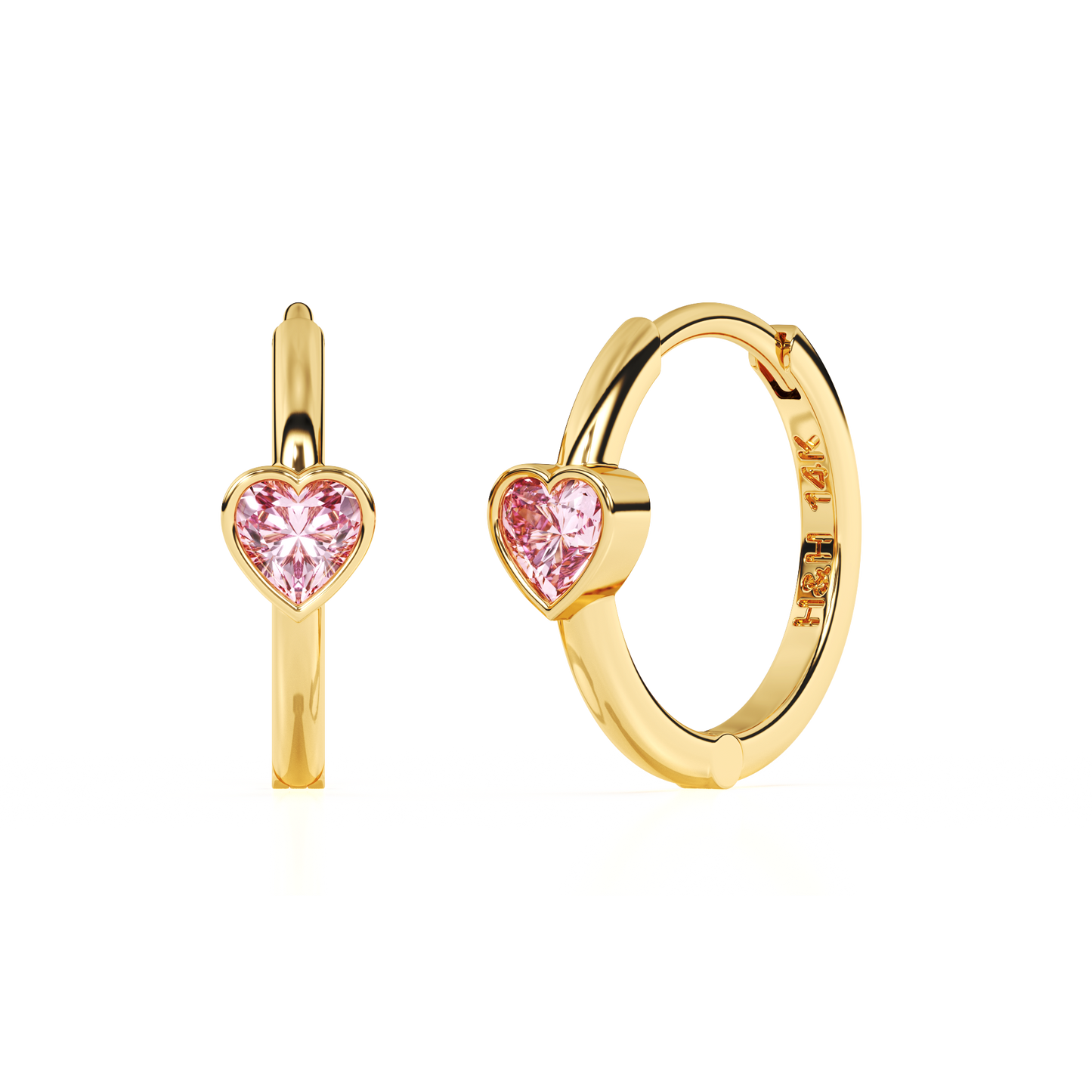 Endless Love, Pink Heart CZ, Huggie Hoop Earrings - Solid 14K Gold, Huggie Hoop, for Babies & Children