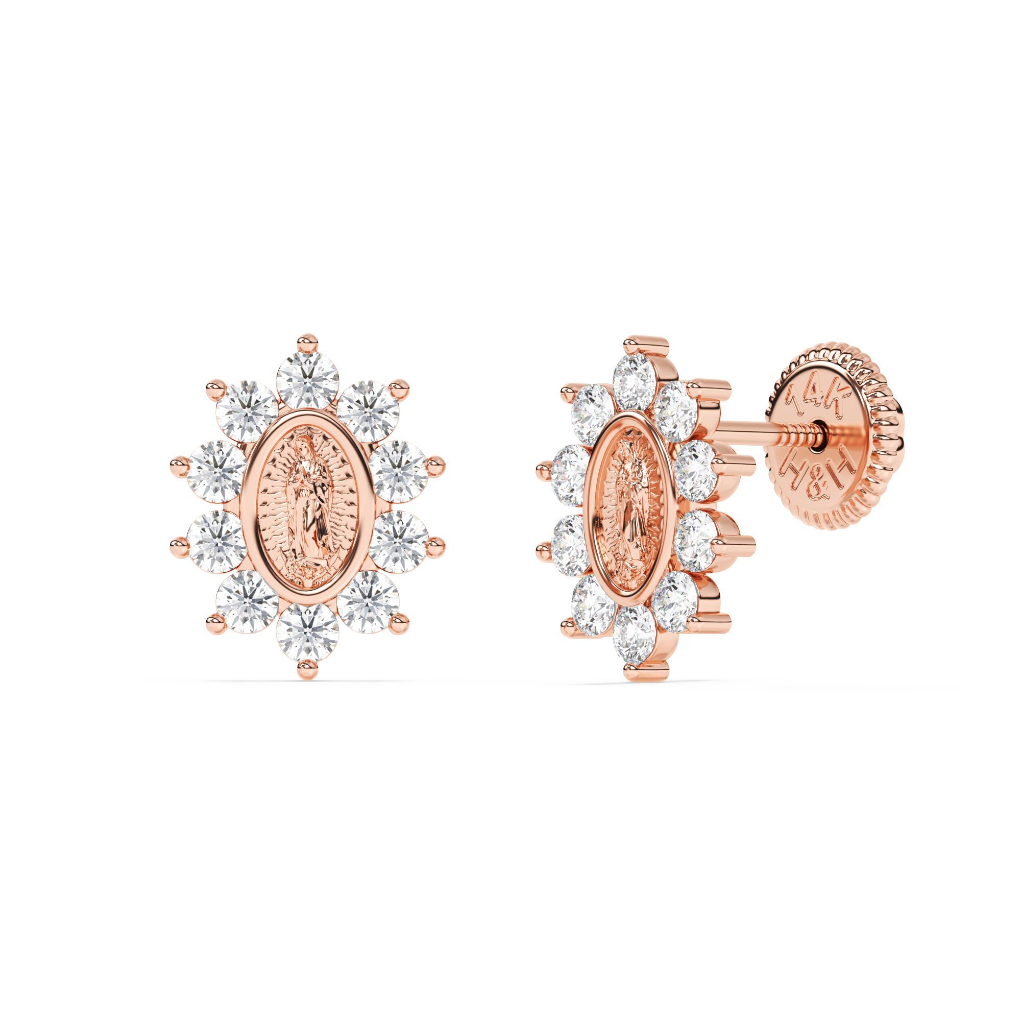 Immaculate Halo, Our Lady of Guadalupe Clear CZ Stud Earrings - Solid 14K Rose Gold, Screw Back, for Babies & Children