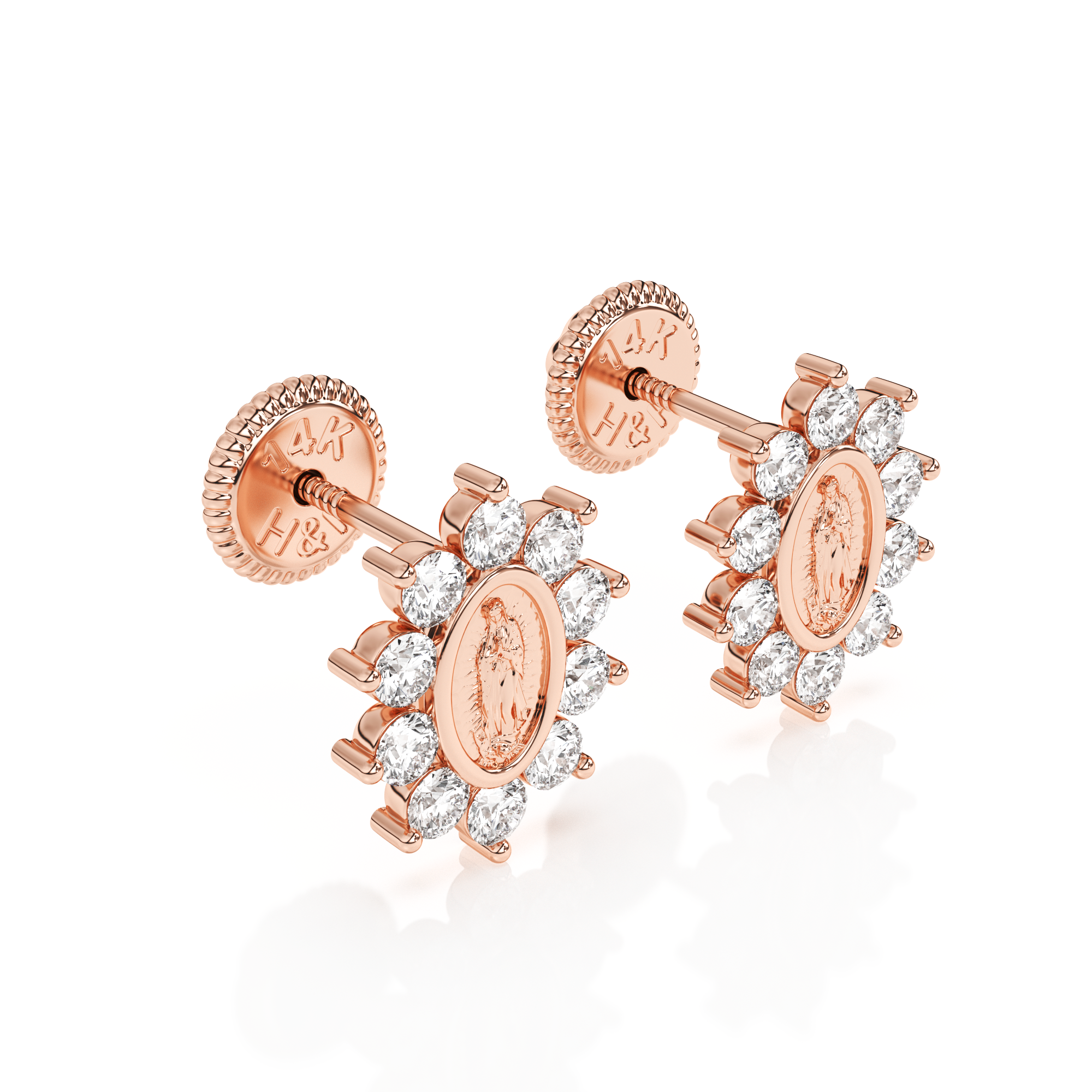 Immaculate Halo, Our Lady of Guadalupe Clear CZ Stud Earrings - Solid 14K Rose Gold, Screw Back, for Babies & Children