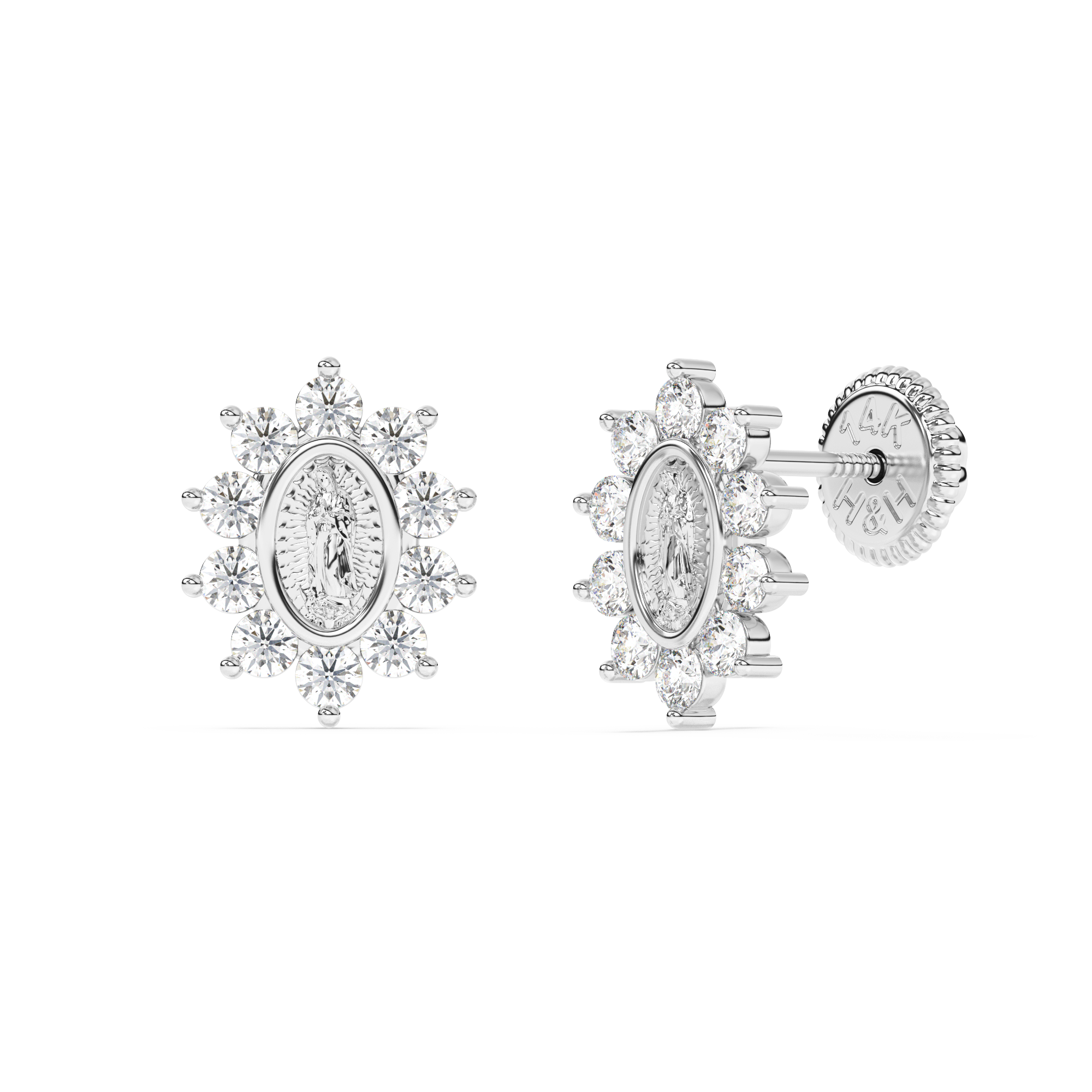 Immaculate Halo, Our Lady of Guadalupe Clear CZ Stud Earrings - Solid 14K White Gold, Screw Back, for Babies & Children