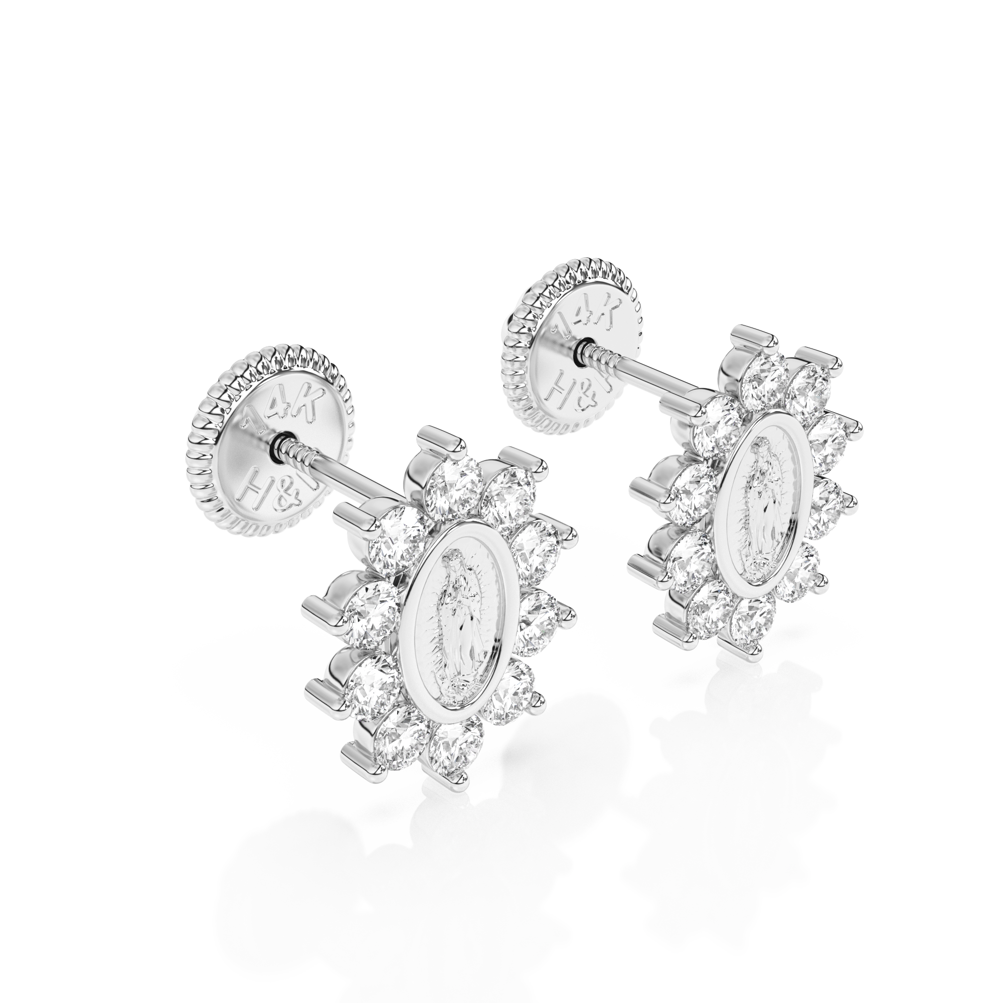 Immaculate Halo, Our Lady of Guadalupe Clear CZ Stud Earrings - Solid 14K White Gold, Screw Back, for Babies & Children