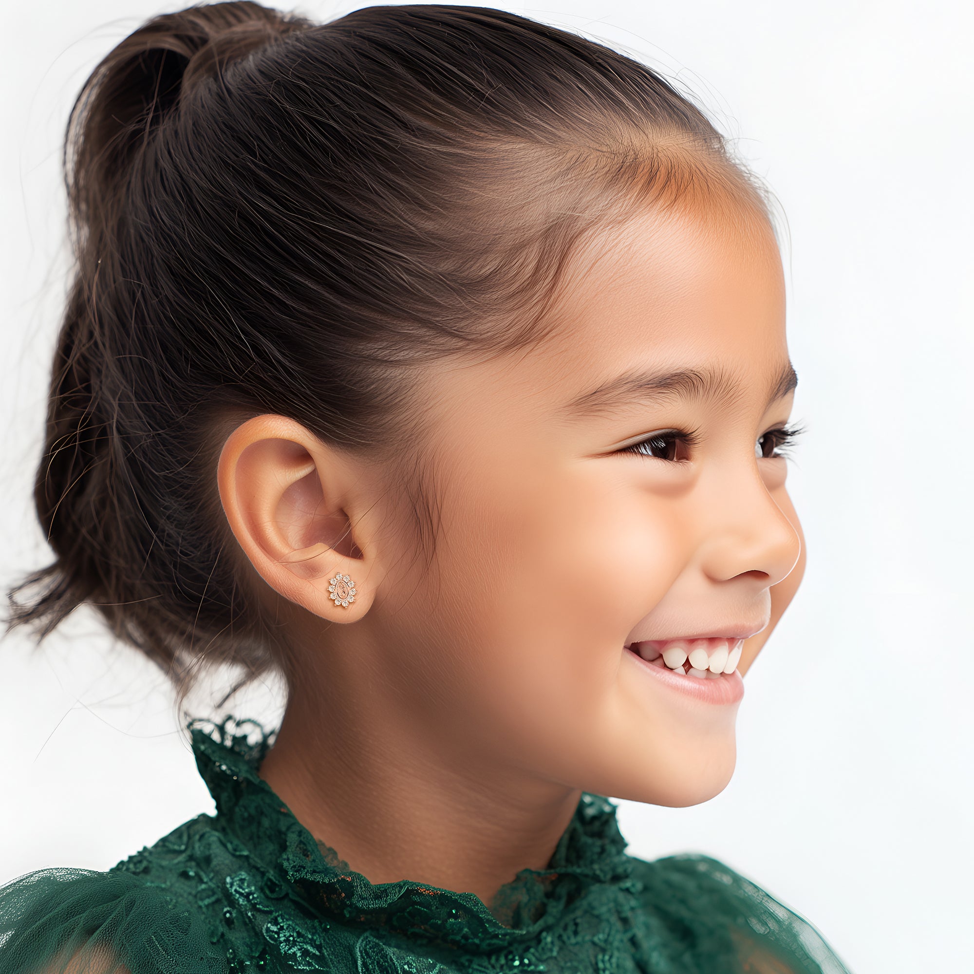 Immaculate Halo, Our Lady of Guadalupe Clear CZ Stud Earrings - Solid 14K Rose Gold, Screw Back, for Babies & Children