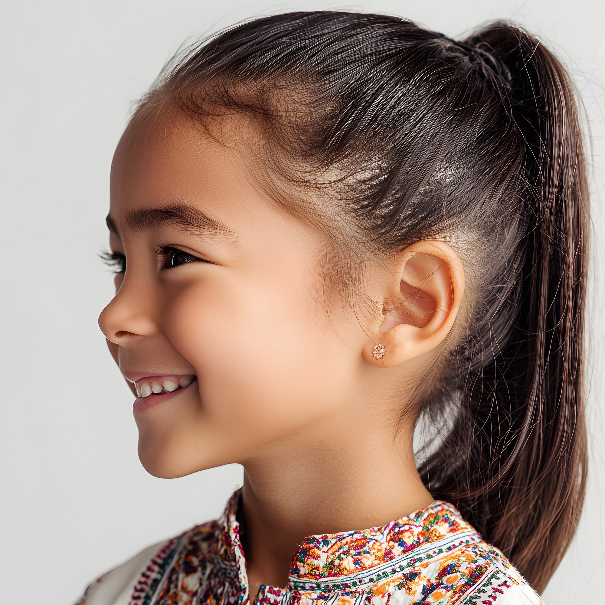 Immaculate Halo, Our Lady of Guadalupe Clear CZ Stud Earrings - Solid 14K Rose Gold, Screw Back, for Babies & Children