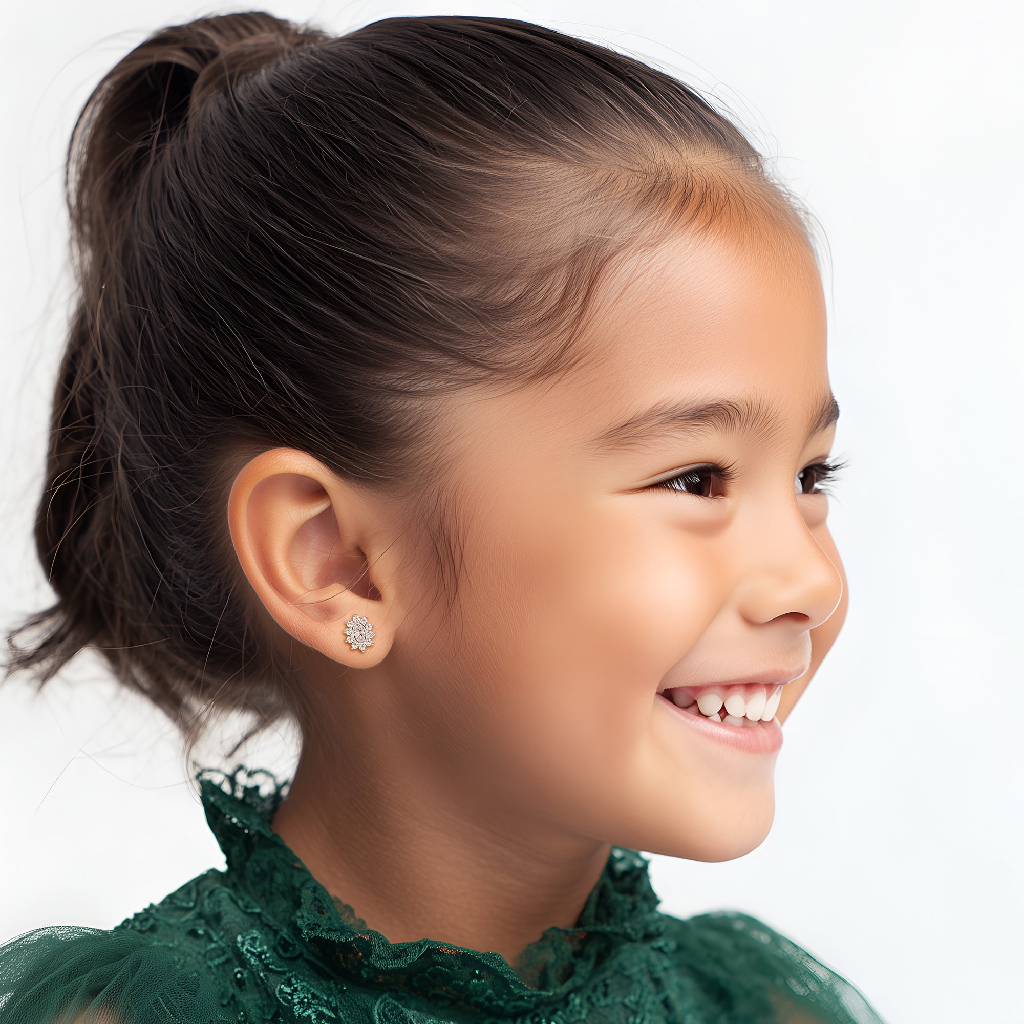 Immaculate Halo, Our Lady of Guadalupe Clear CZ Stud Earrings - Solid 14K White Gold, Screw Back, for Babies & Children