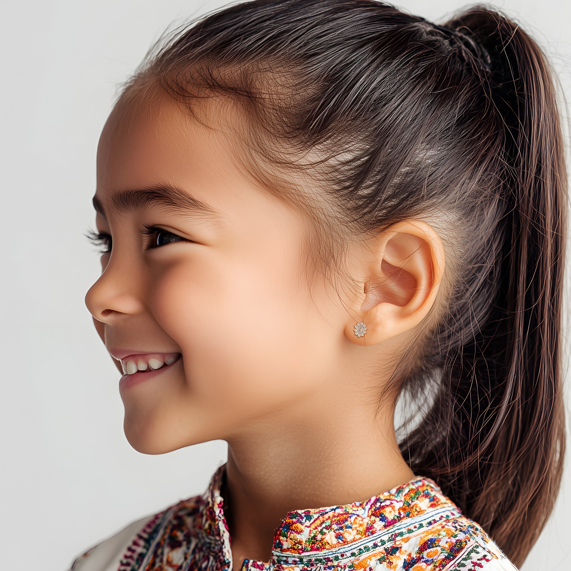 Immaculate Halo, Our Lady of Guadalupe Clear CZ Stud Earrings - Solid 14K White Gold, Screw Back, for Babies & Children