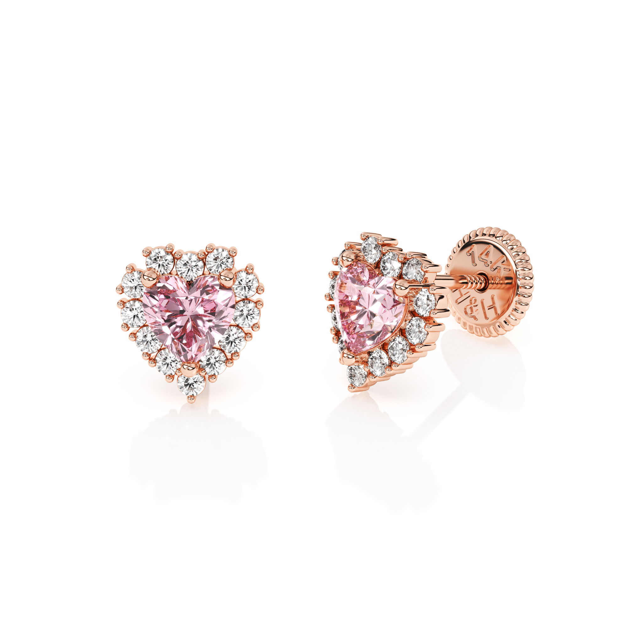 Joyful Heart, Pink/Clear Pavé CZ Stud Earrings - Solid 14K Rose Gold, Screw Back, for Babies & Children