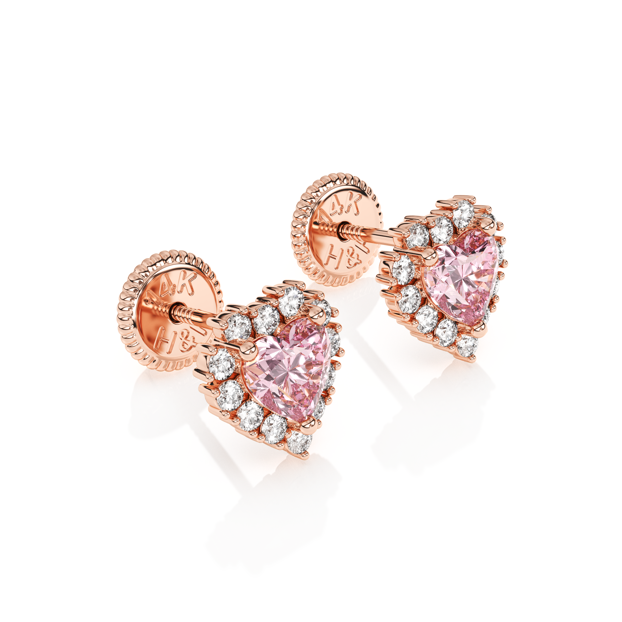Joyful Heart, Pink/Clear Pavé CZ Stud Earrings - Solid 14K Rose Gold, Screw Back, for Babies & Children