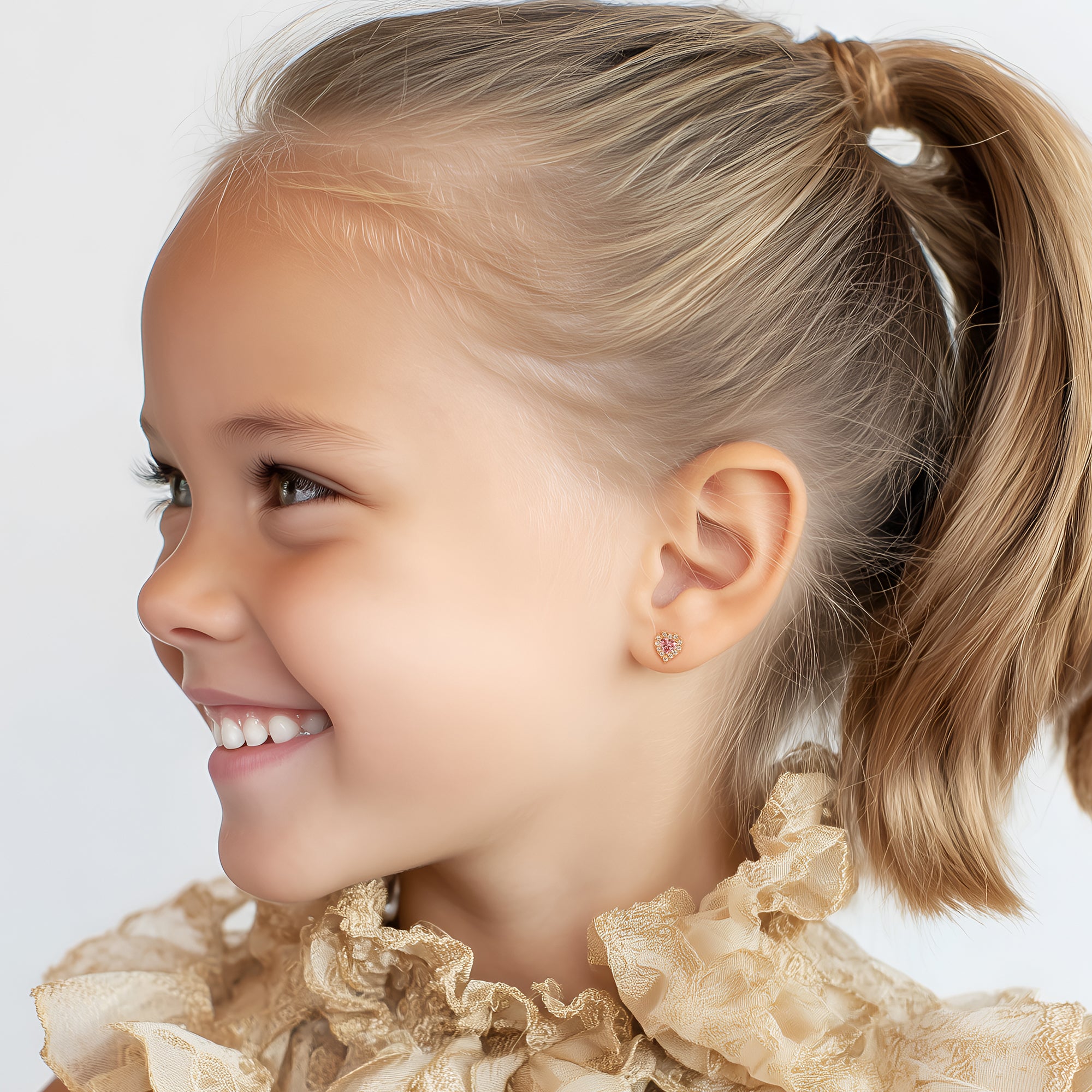 Joyful Heart, Pink/Clear Pavé CZ Stud Earrings - Solid 14K Rose Gold, Screw Back, for Babies & Children