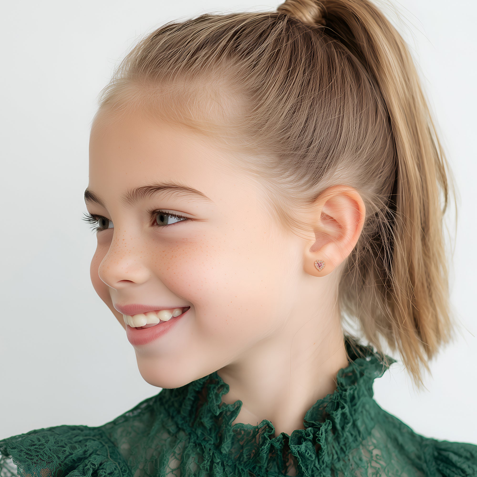 Joyful Heart, Pink/Clear Pavé CZ Stud Earrings - Solid 14K Rose Gold, Screw Back, for Babies & Children