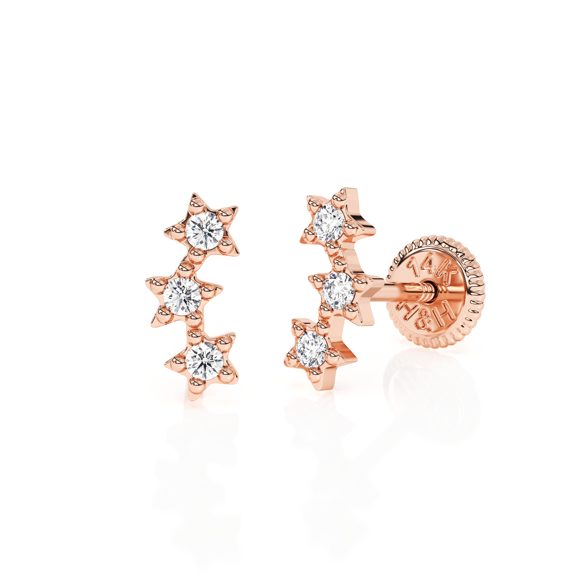 Lucky Stars, Clear CZ Stud Earrings - Solid 14K Rose Gold, Screw Back, for Babies & Children