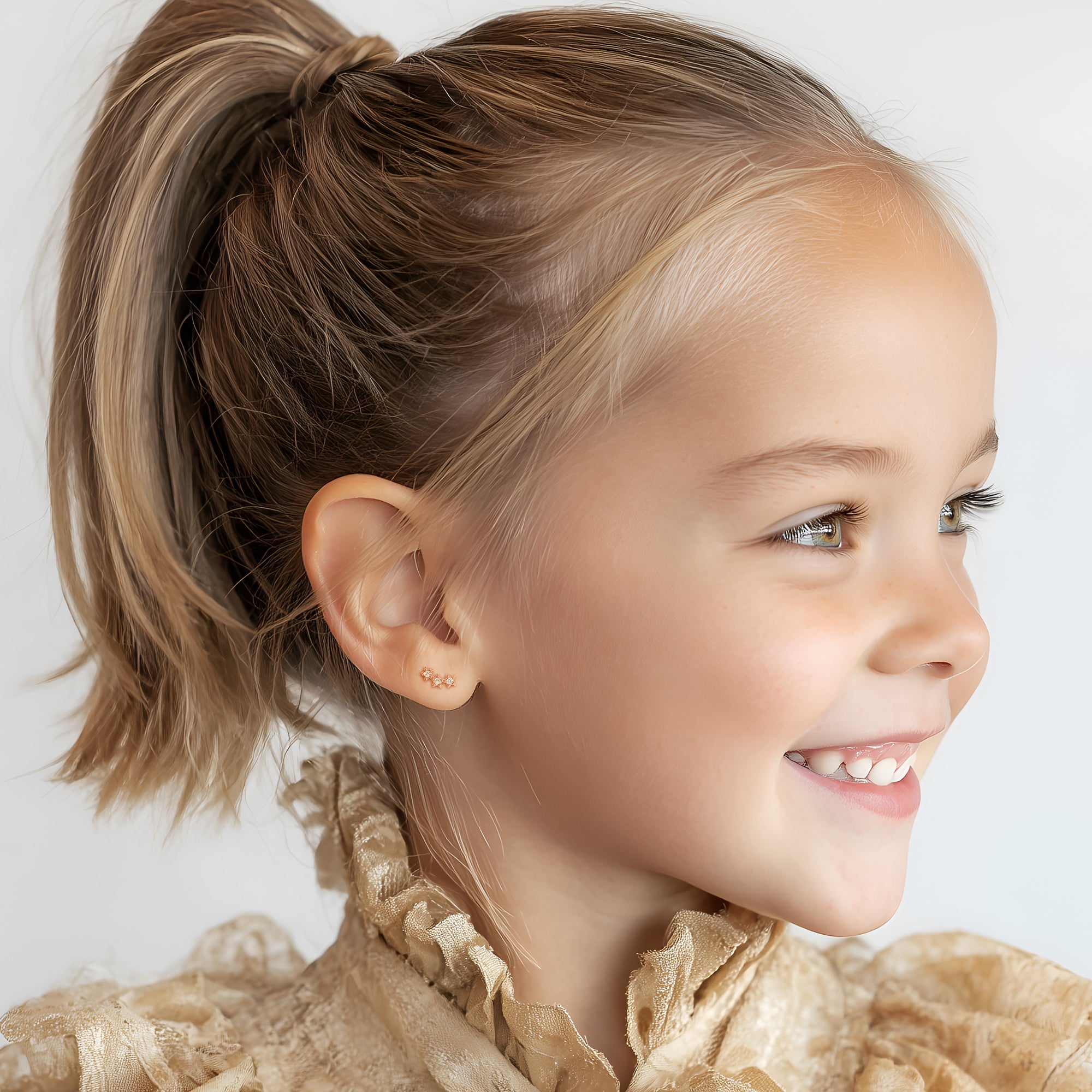 Lucky Stars, Clear CZ Stud Earrings - Solid 14K Rose Gold, Screw Back, for Babies & Children