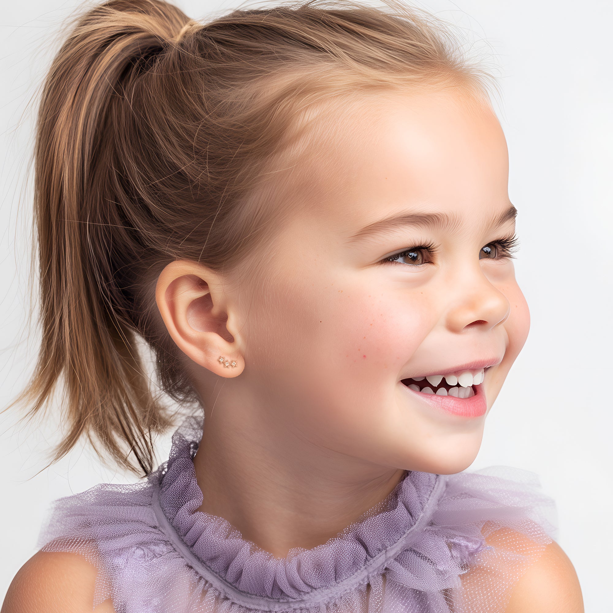 Lucky Stars, Clear CZ Stud Earrings - Solid 14K Rose Gold, Screw Back, for Babies & Children