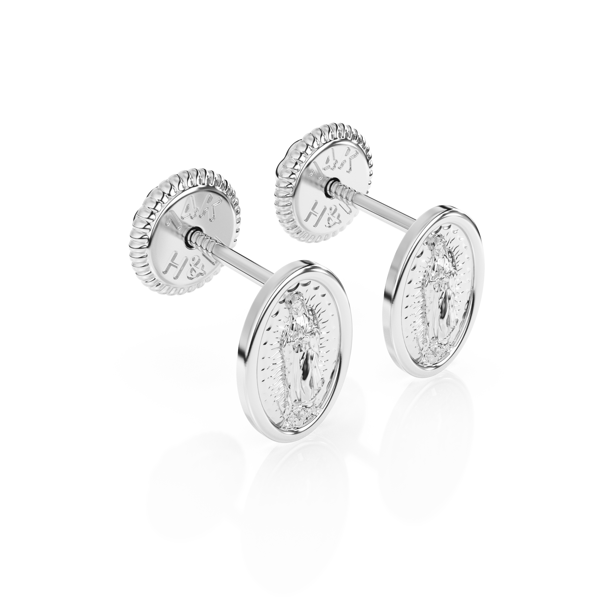Our Lady of Guadalupe Stud Earrings - Solid 14K White Gold, Screw Back, for Babies & Children