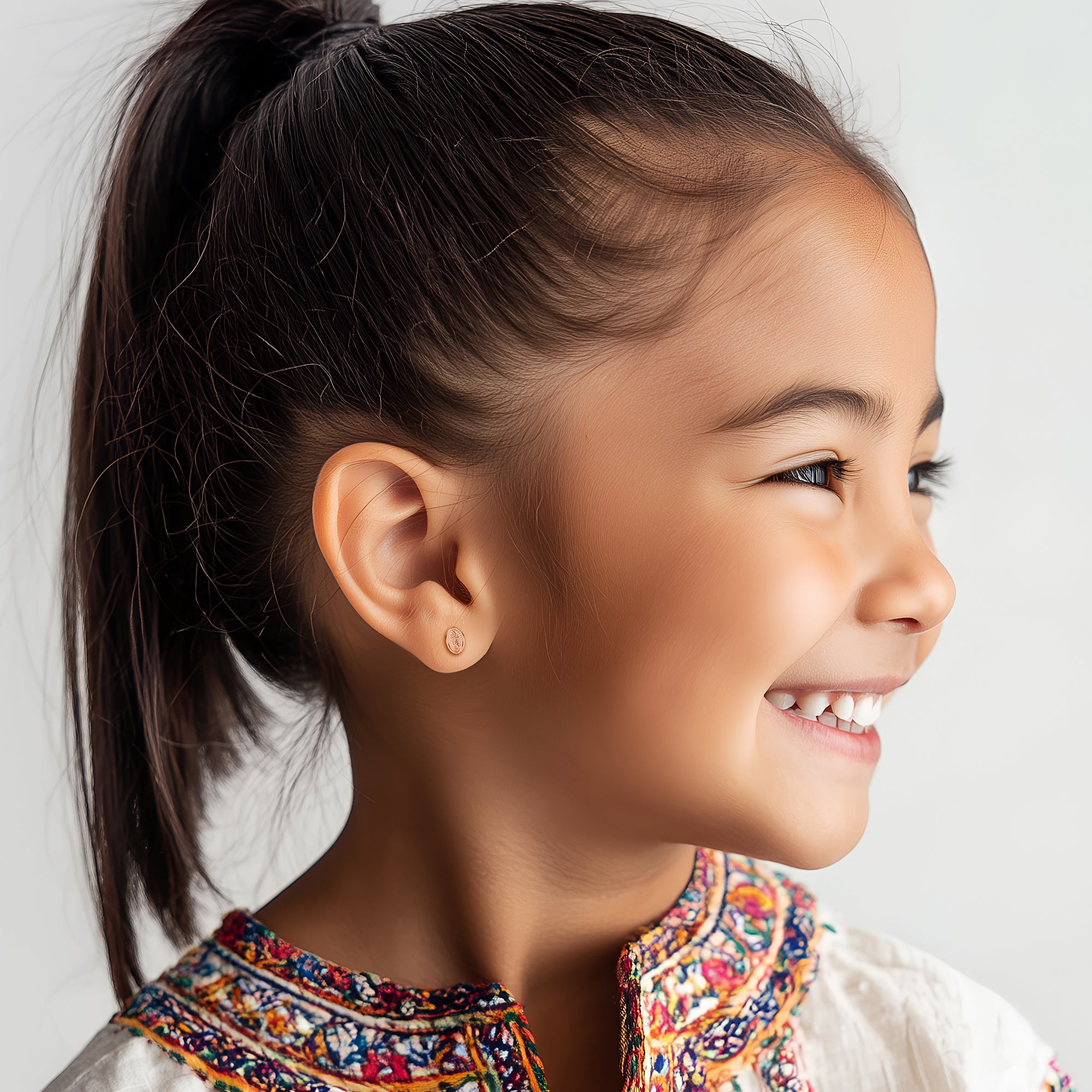 Our Lady of Guadalupe Stud Earrings - Solid 14K Rose Gold, Screw Back, for Babies & Children