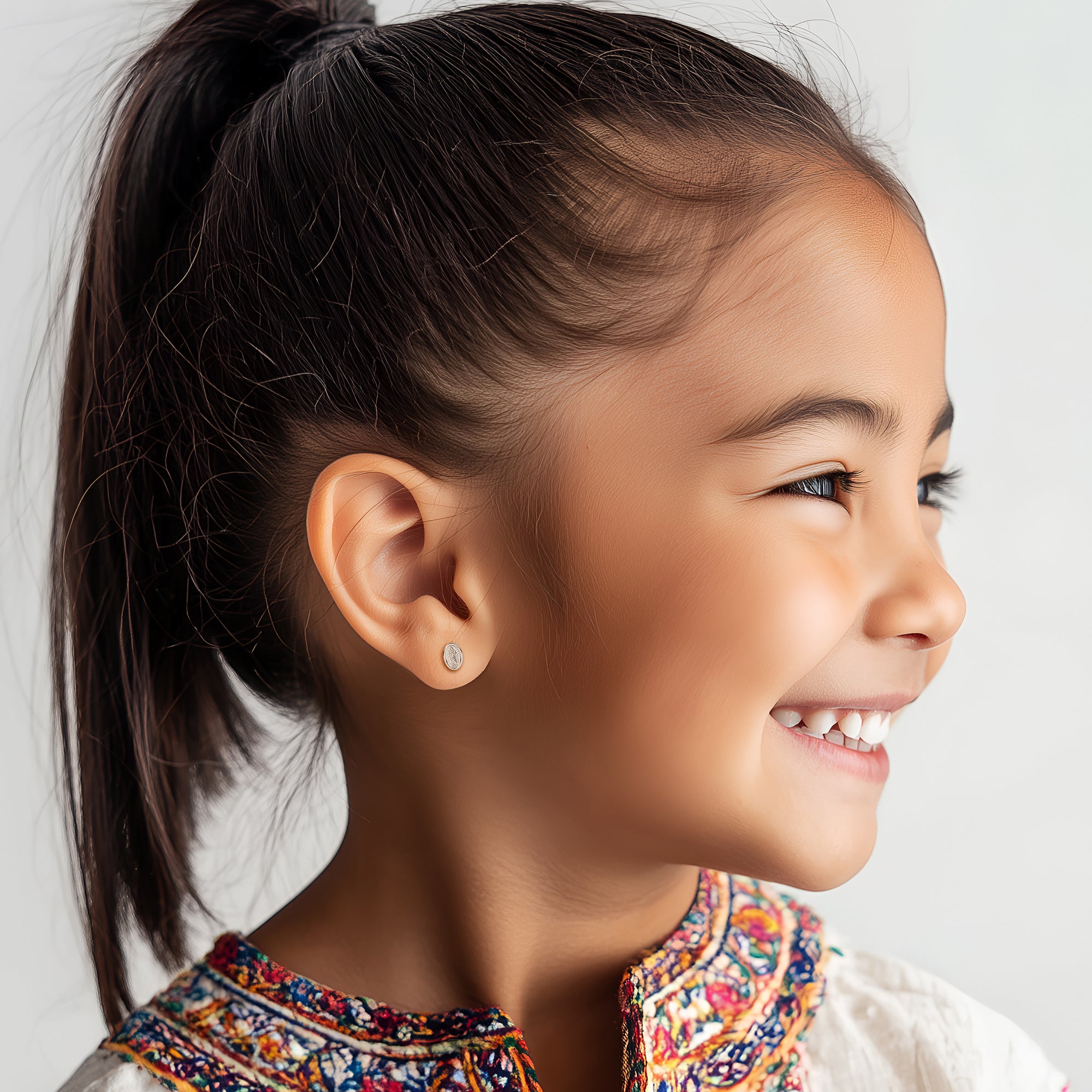 Our Lady of Guadalupe Stud Earrings - Solid 14K White Gold, Screw Back, for Babies & Children