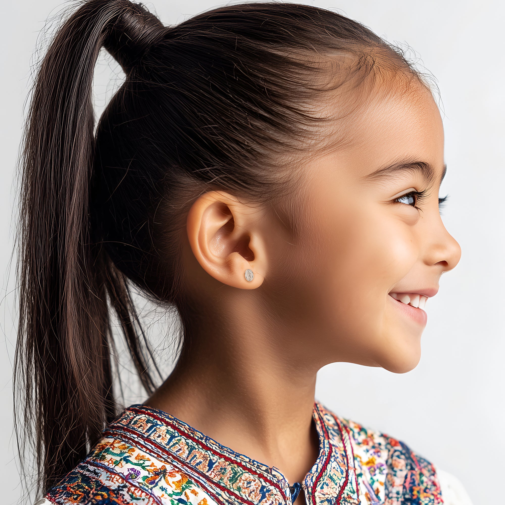 Our Lady of Guadalupe Stud Earrings - Solid 14K White Gold, Screw Back, for Babies & Children