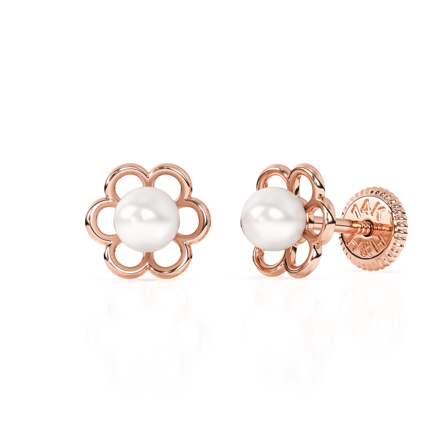 Petals and Pearls, AAA-Pearl Stud Earrings - Solid 14K Rose Gold, Screw Back, for Babies & Children
