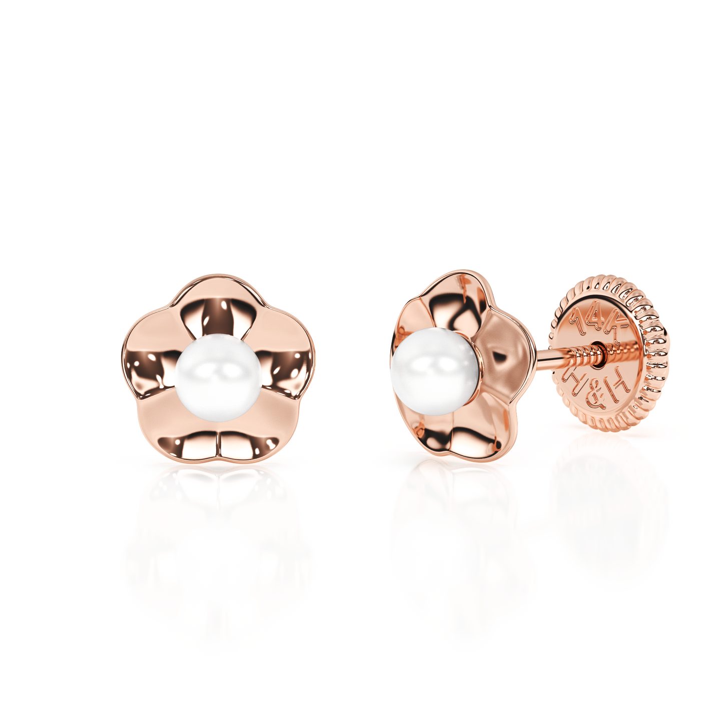 Ruffled Petals and Pearls, AAA-Pearl Stud Earrings - Solid 14K Rose Gold, Screw Back, for Babies & Children