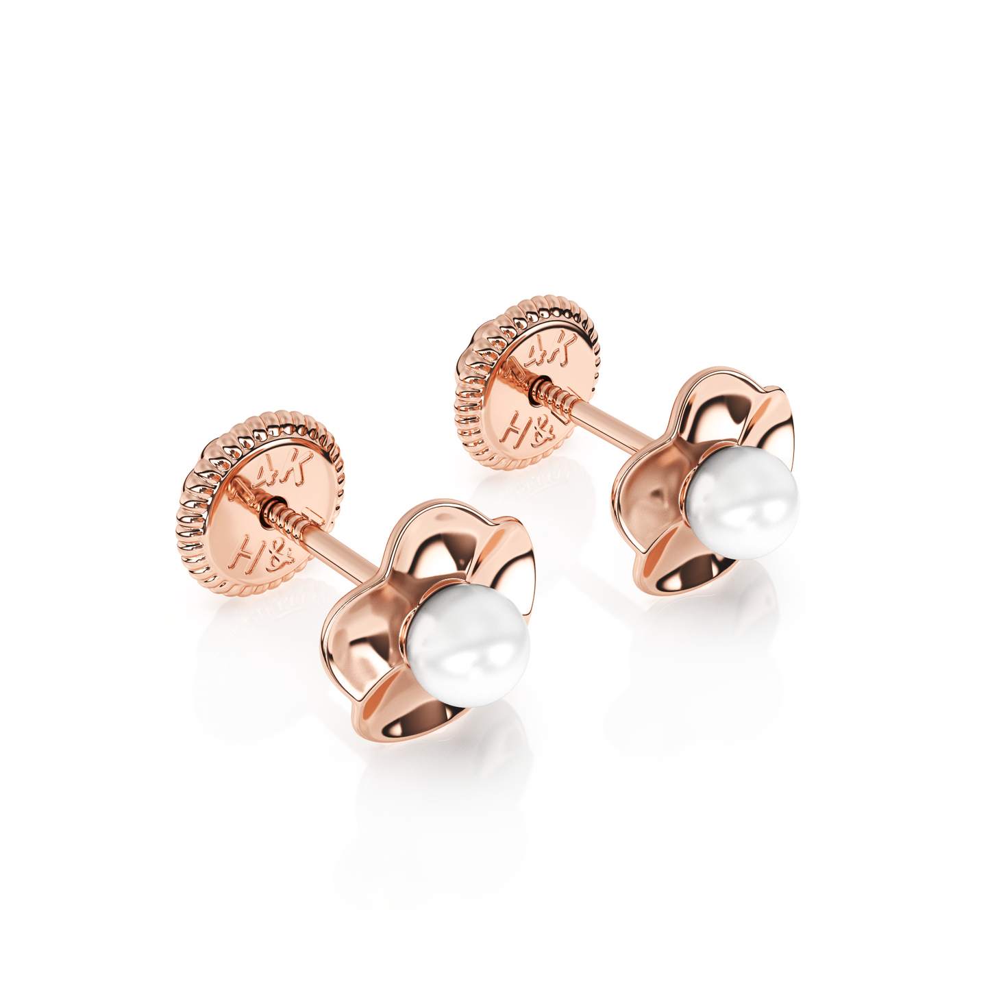 Ruffled Petals and Pearls, AAA-Pearl Stud Earrings - Solid 14K Rose Gold, Screw Back, for Babies & Children