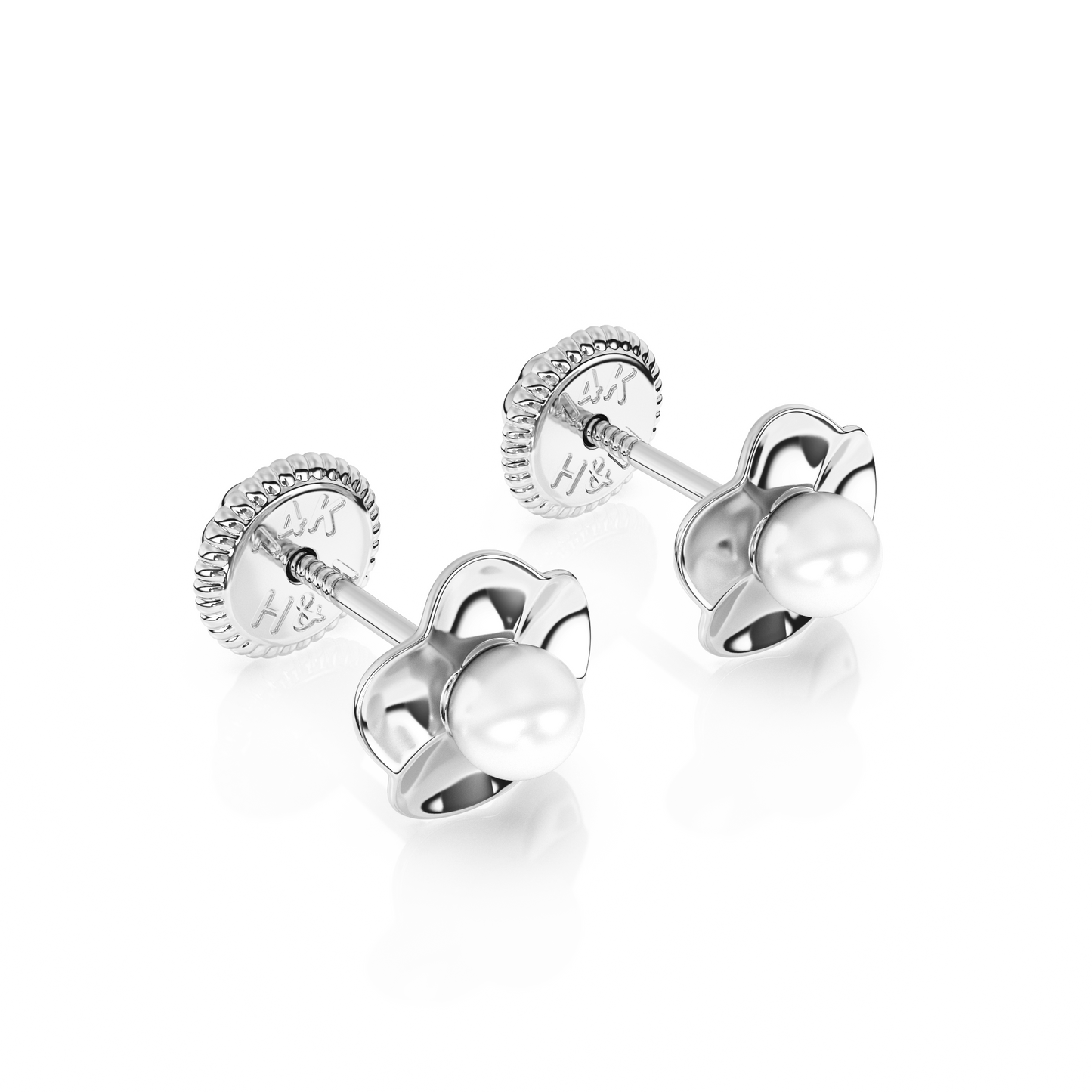 Ruffled Petals and Pearls, AAA-Pearl Stud Earrings - Solid 14K White Gold, Screw Back, for Babies & Children