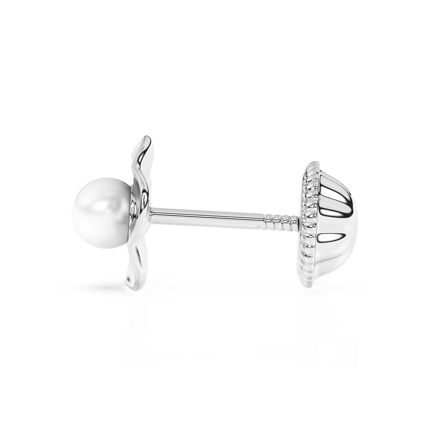 Ruffled Petals and Pearls, AAA-Pearl Stud Earrings - Solid 14K White Gold, Screw Back, for Babies & Children
