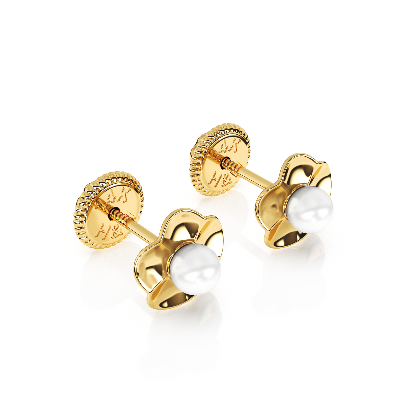 Ruffled Petals and Pearls, AAA-Pearl Stud Earrings - Solid 14K Gold, Screw Back, for Babies & Children