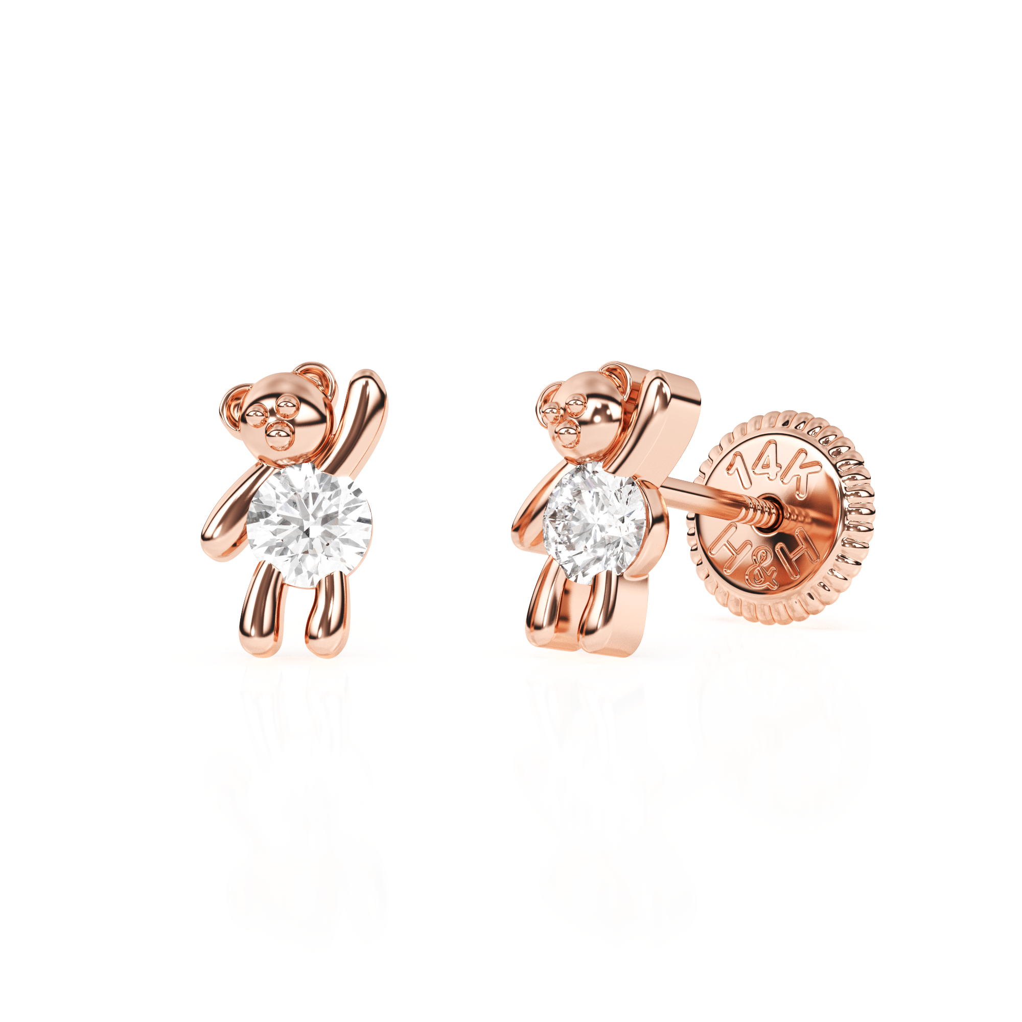 Teddy Bear Treasure, Clear CZ Stud Earrings - Solid 14K Rose Gold, Screw Back, for Babies & Children