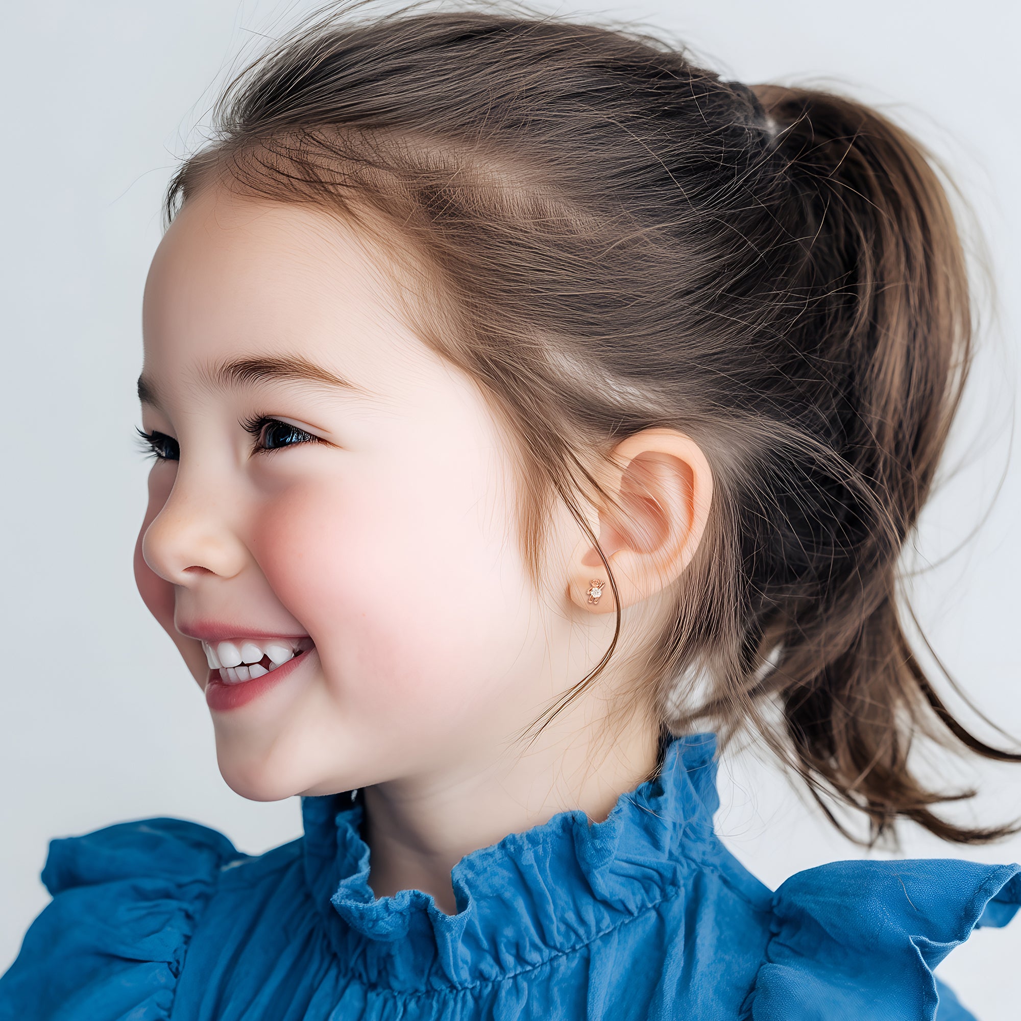 Teddy Bear Treasure, Clear CZ Stud Earrings - Solid 14K Rose Gold, Screw Back, for Babies & Children