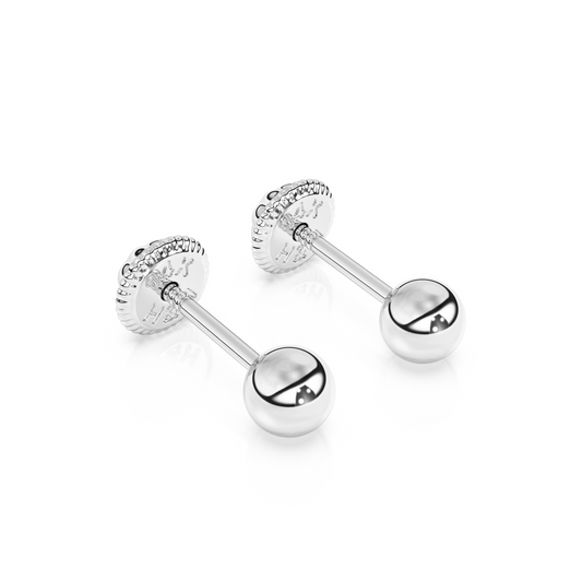 3mm Classic Round Stud Earrings - Solid 14K White Gold, Screw Back, for Babies & Children