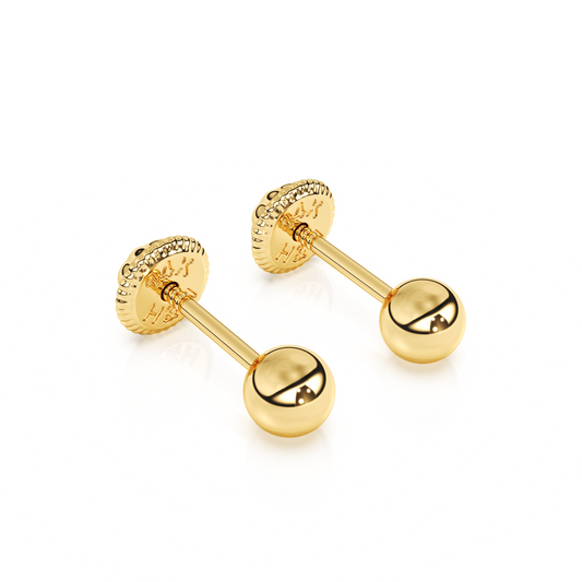3mm Classic Round Stud Earrings - Solid 14K Gold, Screw Back, for Babies & Children