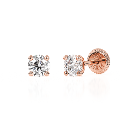 3mm Clear Round CZ Stud Earrings - Solid 14K Rose Gold, Screw Back, for Babies & Children