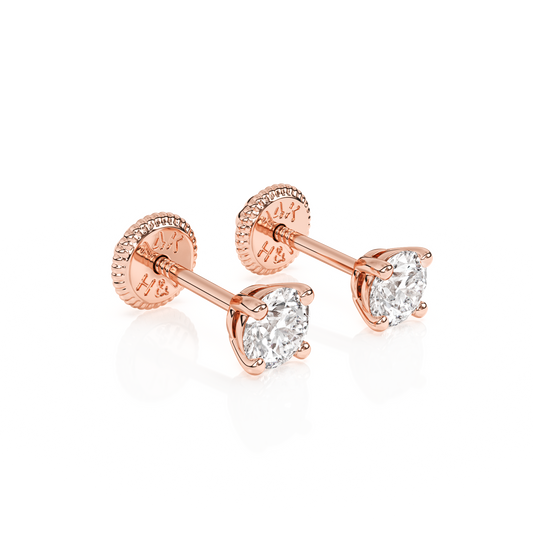 3mm Clear Round CZ Stud Earrings - Solid 14K Rose Gold, Screw Back, for Babies & Children