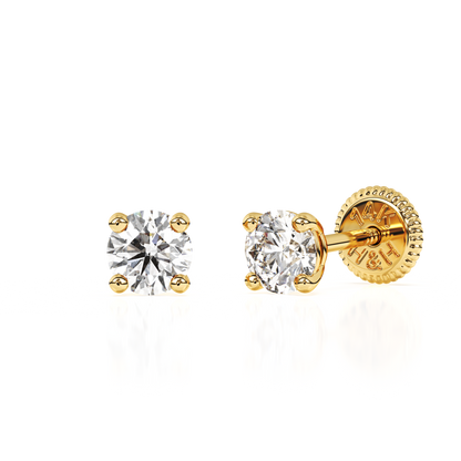 3mm Clear Round CZ Stud Earrings - Solid 14K Gold, Screw Back, for Babies & Children