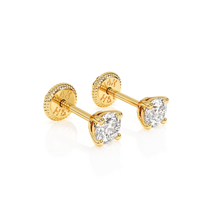 3mm Clear Round CZ Stud Earrings - Solid 14K Gold, Screw Back, for Babies & Children